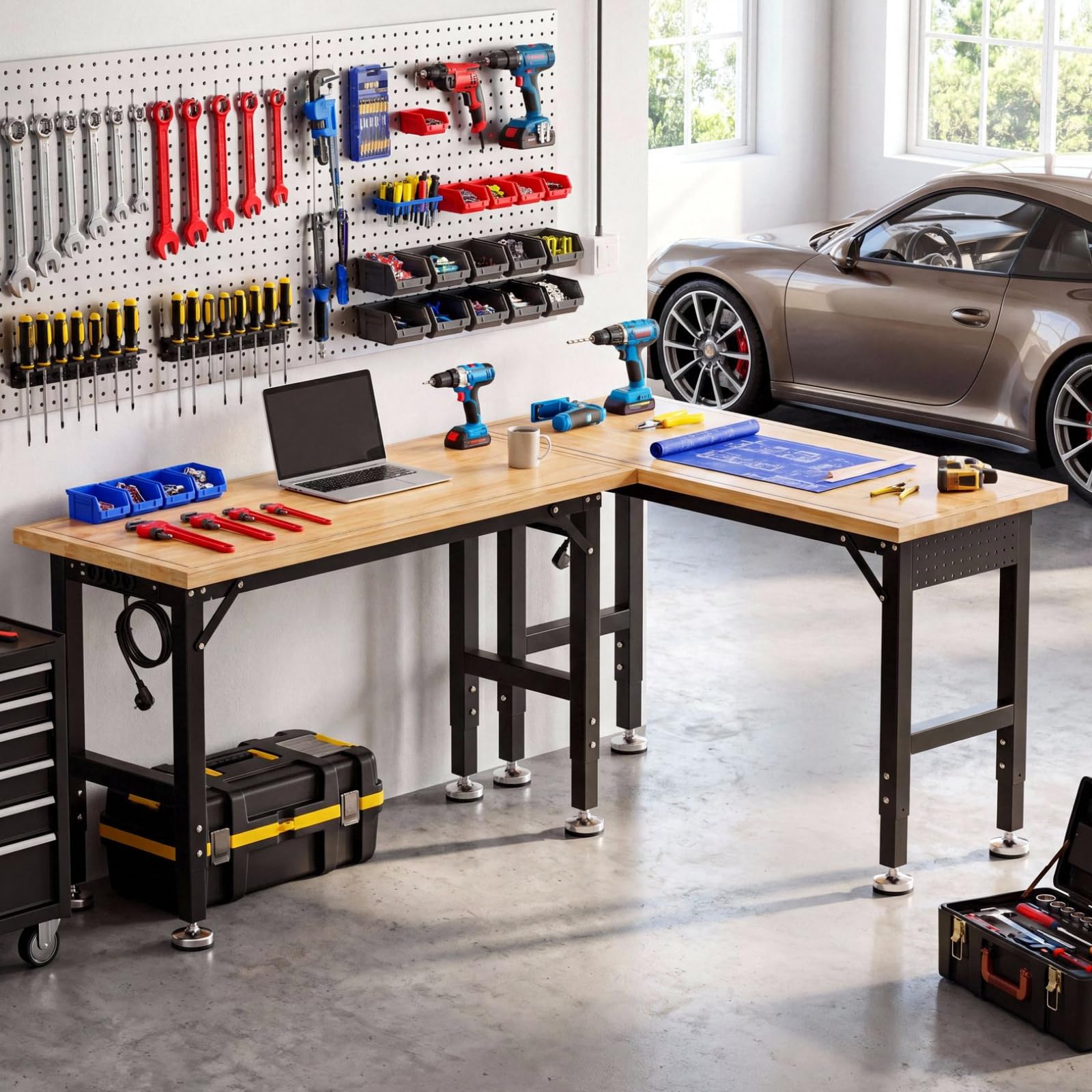 TLGREEN Schwerlast Werkbank aus Gummibaumholz, 122cm Arbeitstisch 5-stufig Verstellbare Höhen, Werktisch mit Steckdosen und Stecktafel, 907kg Tragkraft,15PCS Haken,Garagentisch für Werkstatt Büro Haus