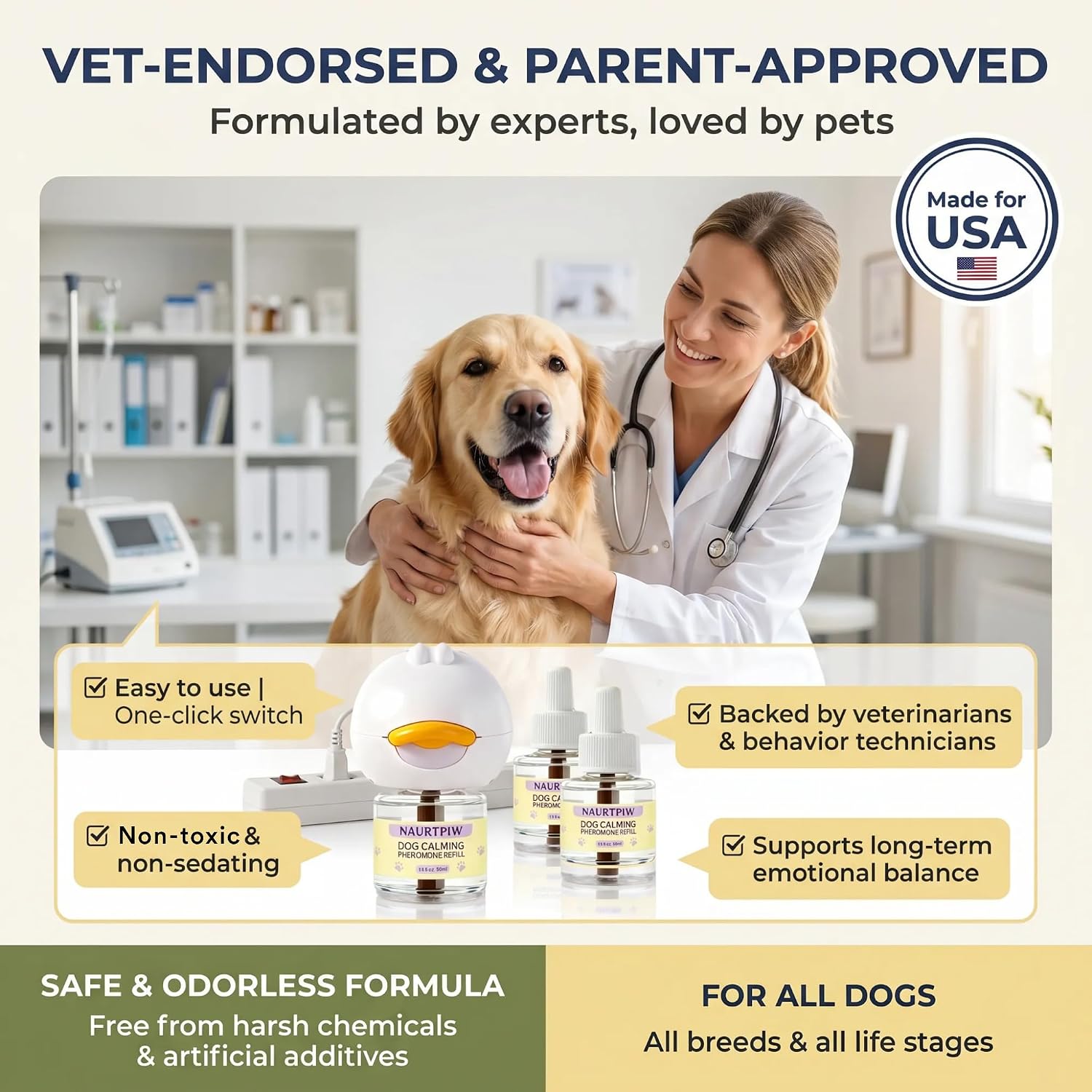Pheromone Calming Diffuser for Dogs, 3 Plug-Ins, 6 Refills, 180-Day Supply | Dog calming diffuser for multi-room homes; maternal pheromones support calm during stress, noise, visitors and pee accidents