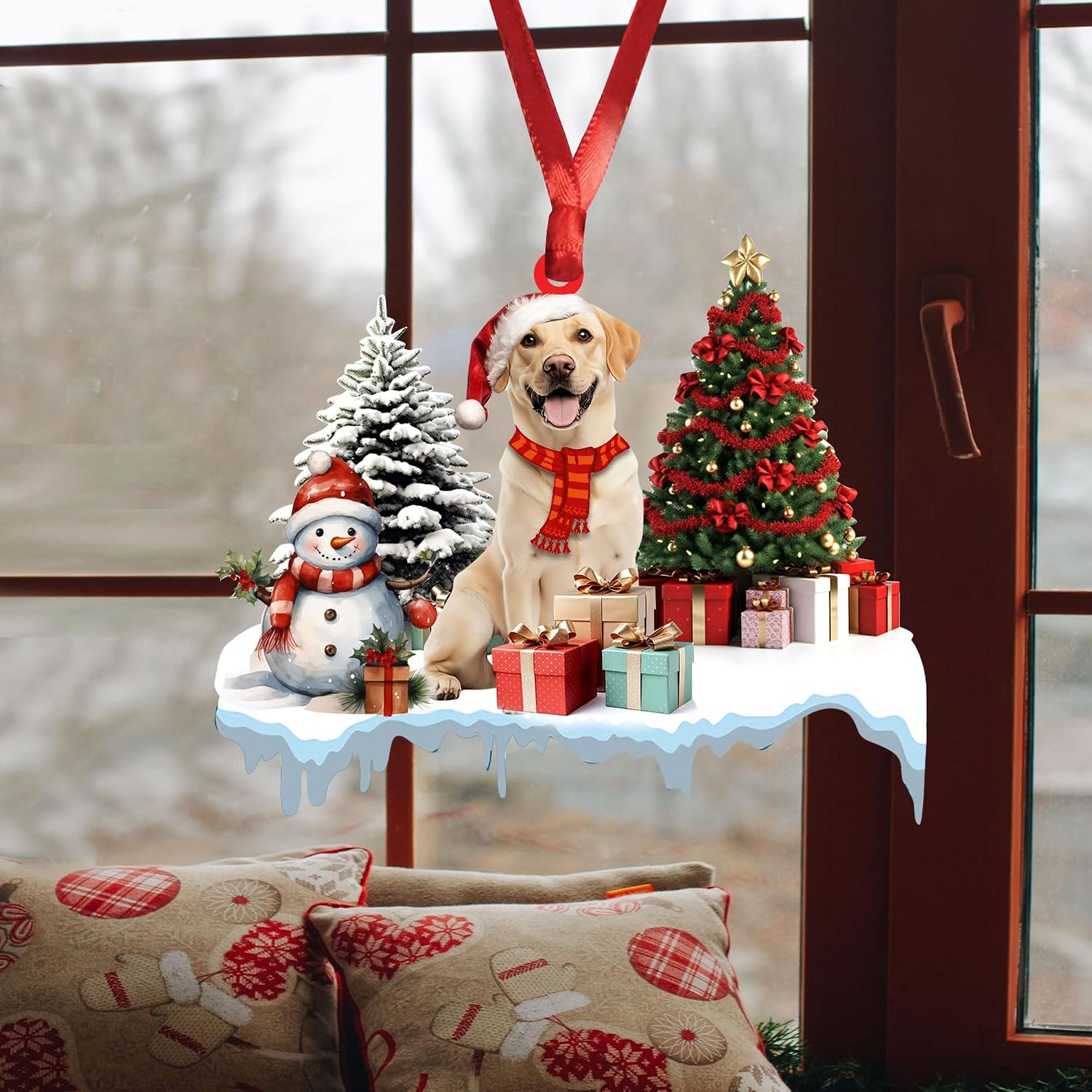 Talataca Yellow Labrador Retriever with Christmas Pine Tree Snowman 2D Flat Car Rear View Mirror Accessories Christmas Tree Ornament Decoration Hanging Charm Interior Rearview Pendant Decor Gift image 4