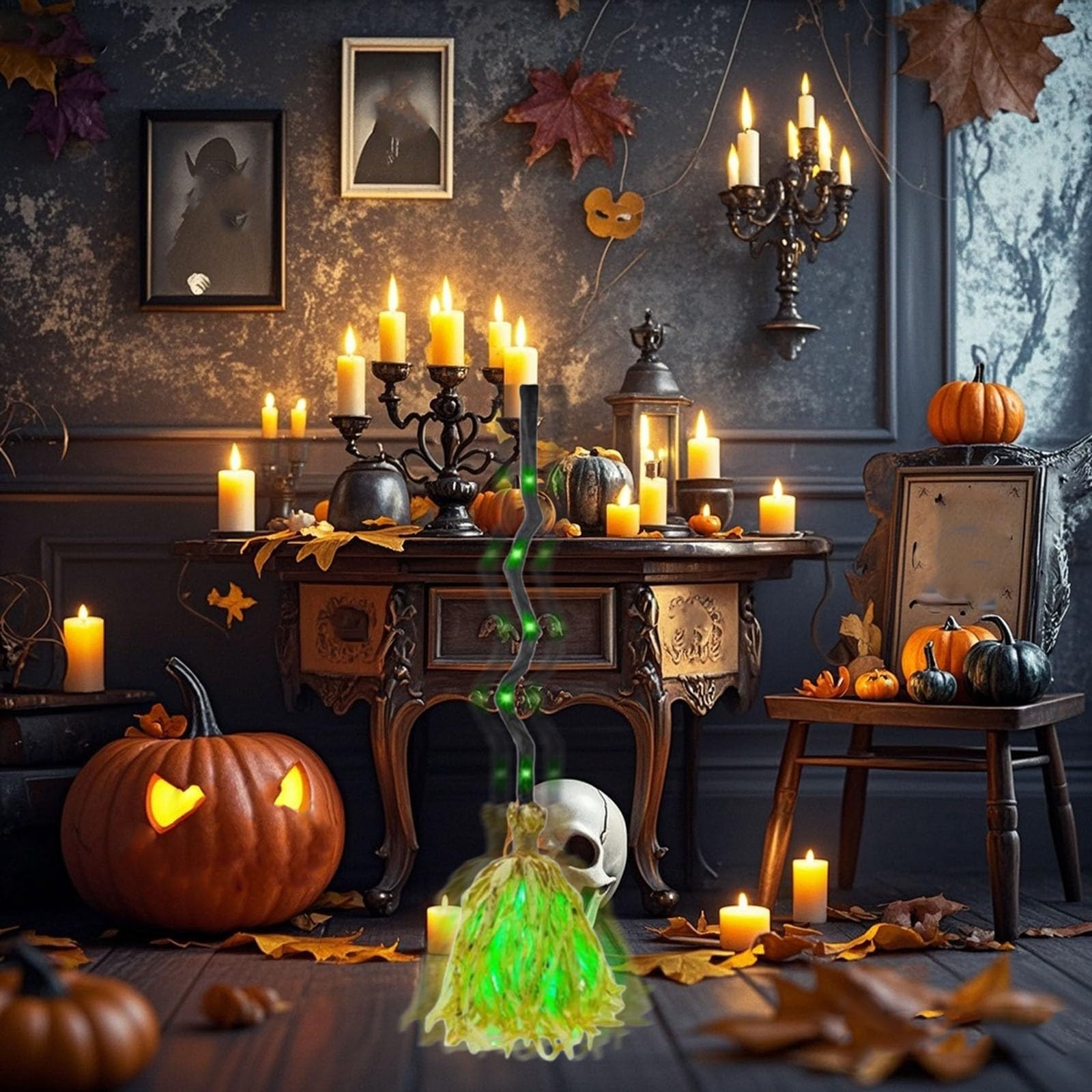 Animierter Halloween-Hexenbesen, beleuchteter beweglicher Besen mit grünem Leuchten, tanzender magischer Besen für drinnen und draußen, Veranda, Hof, gruselige Spukhaus-Dekoration, 90 cm (2)