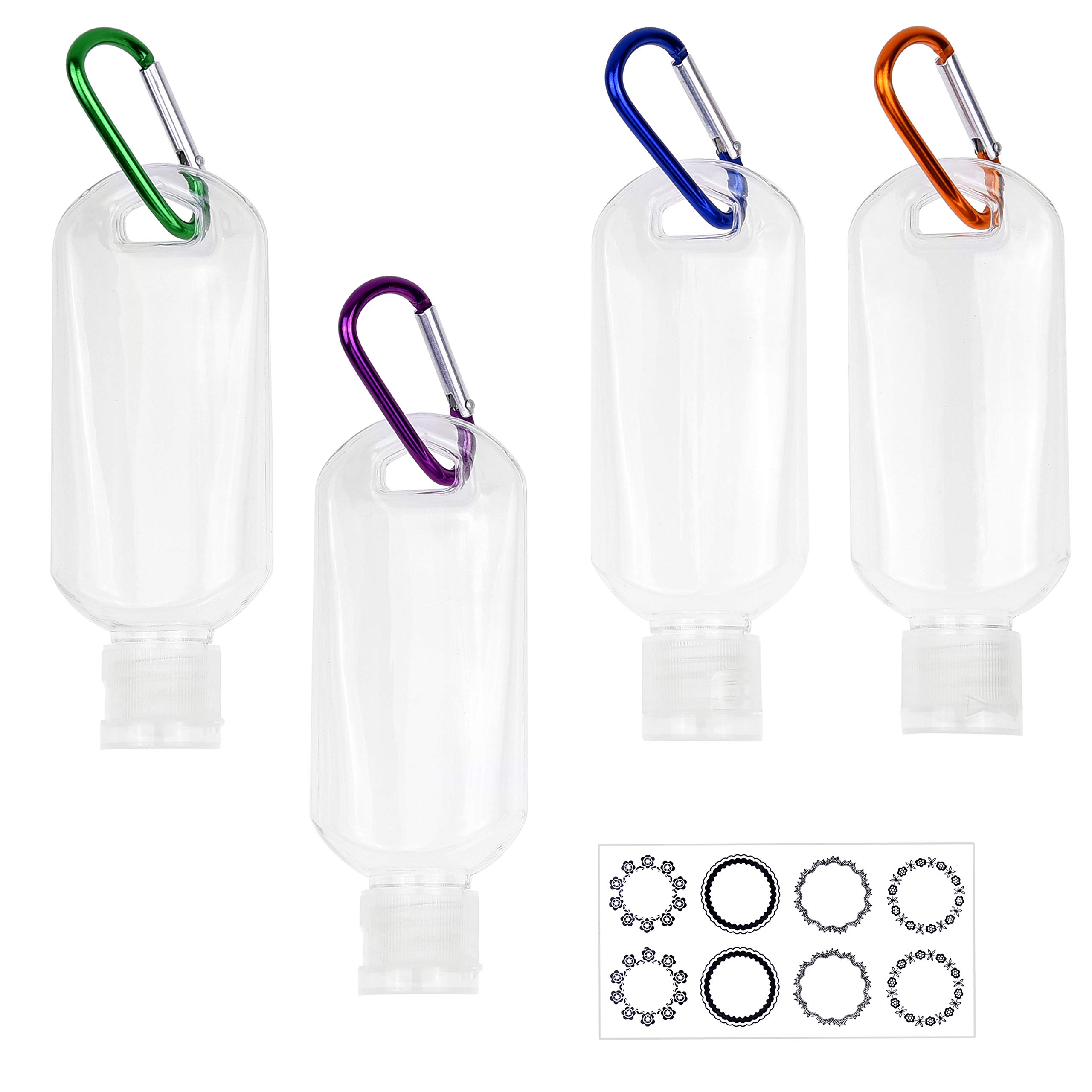 Kare & KindClear Portable Travel Bottles - 4x Empty Bottles with Flip Top Caps, 4x Carabiner, 1x Sticker Label Sheets - up to 50 ML -For Hand Sanitizers, Disinfectant Alcohol, Liquids, Toiletries