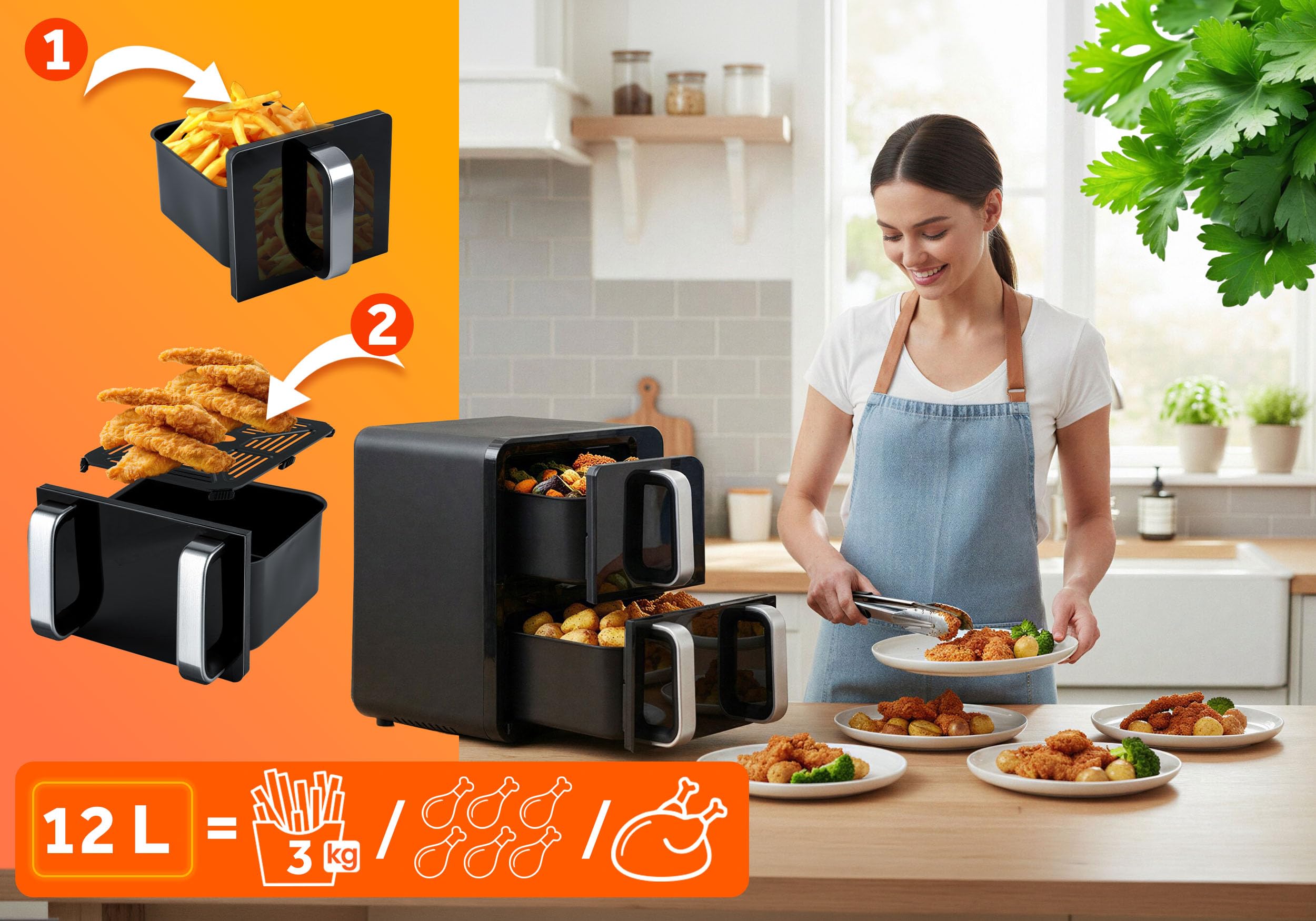 Berdsen Frytkownica Beztłuszczowa Airfryer na Gorące Powietrze 12 l - Dwukomorowa Pionowa 5 l + 7 l, 2800 W, 8 Programów, Ekran Dotykowy, Okienko LED - Pieczenie, Grillowanie i Suszenie - Czarna