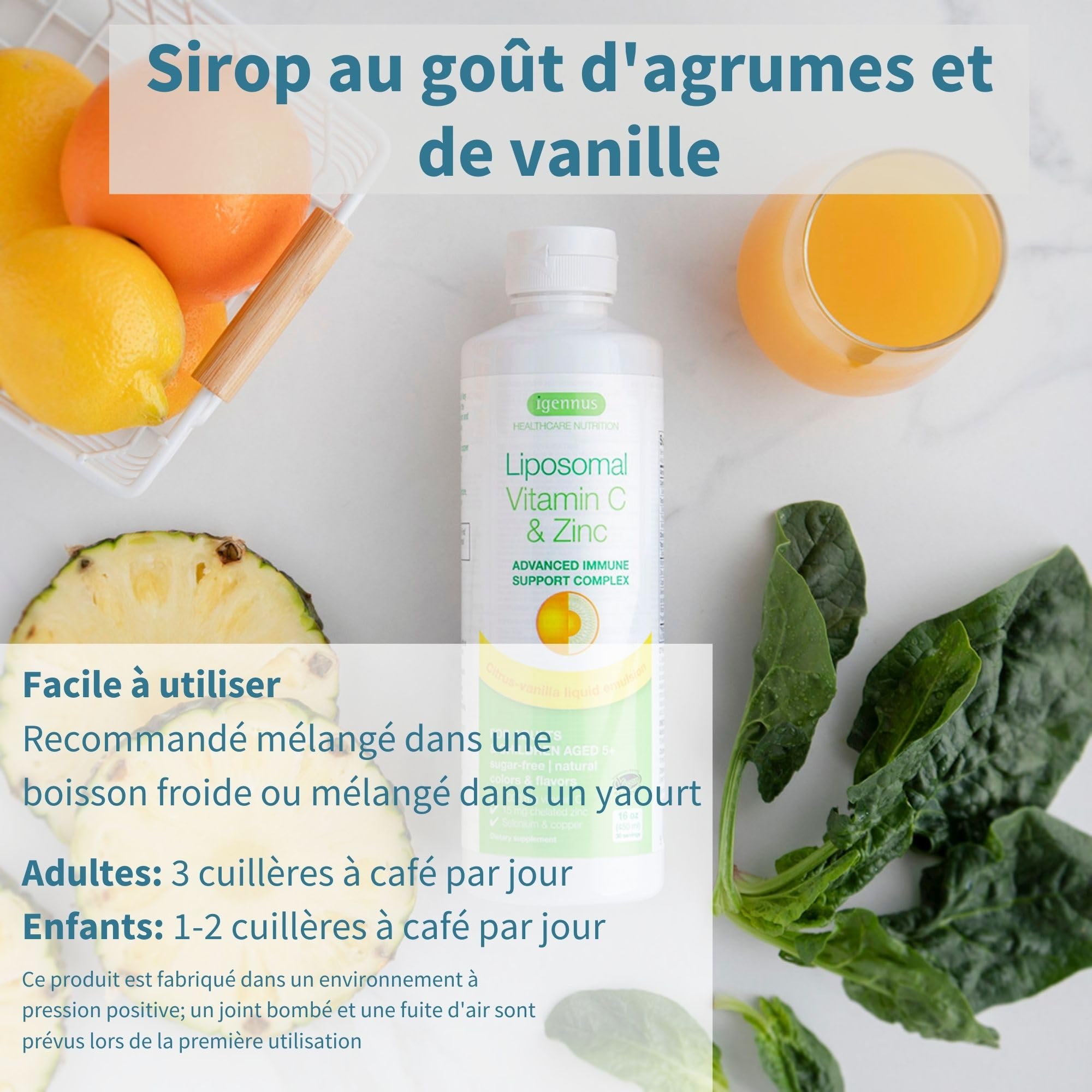 Vitamine C Liposomale 1000 mg Liquide avec Zinc, Cuivre et Sélénium - Système Immunitaire & Réduction de la Fatigue - Goût d'agrumes et vanille, Adultes et Enfants, 30 – 90 portions