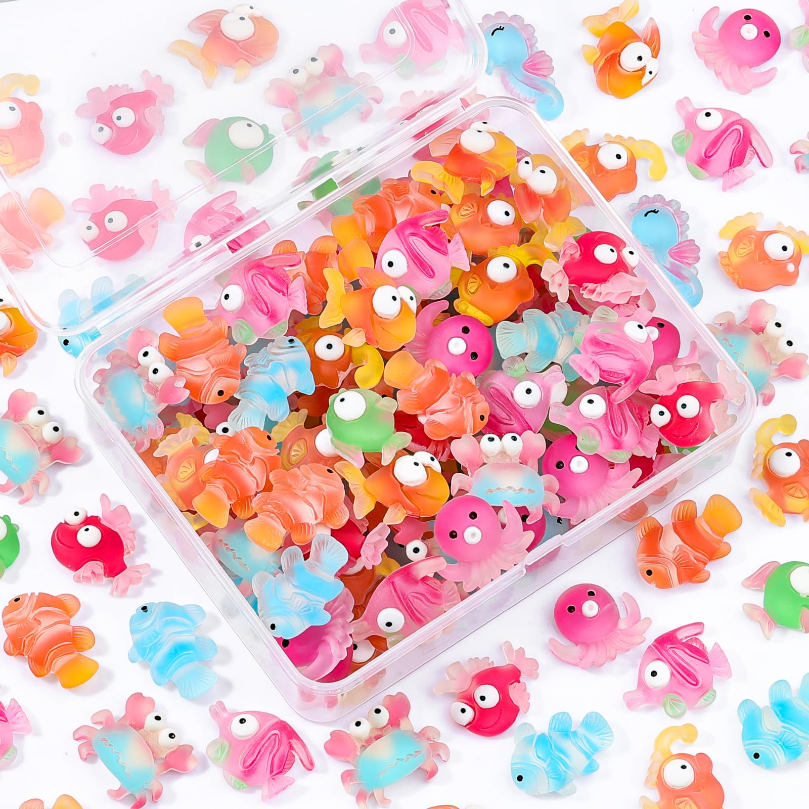 100PCS Resin Ocean Animals Charms Kit, Bulk Craft Embellishments Supplies‌ Mixed Color Kawaii Cute Flatback Fish Cabochons for Slime, Jewelry Making,