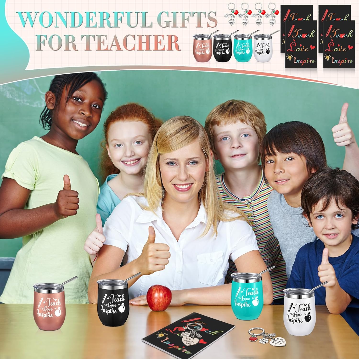 12 Pcs Teacher Appreciation Graduation Gifts Bulk for Women, Teach Love Inspire Tumbler Set 12 oz Wine Cup with Mini Journal Notepads Keychains Teachers Day Retirement(Cute Color) - Image 7