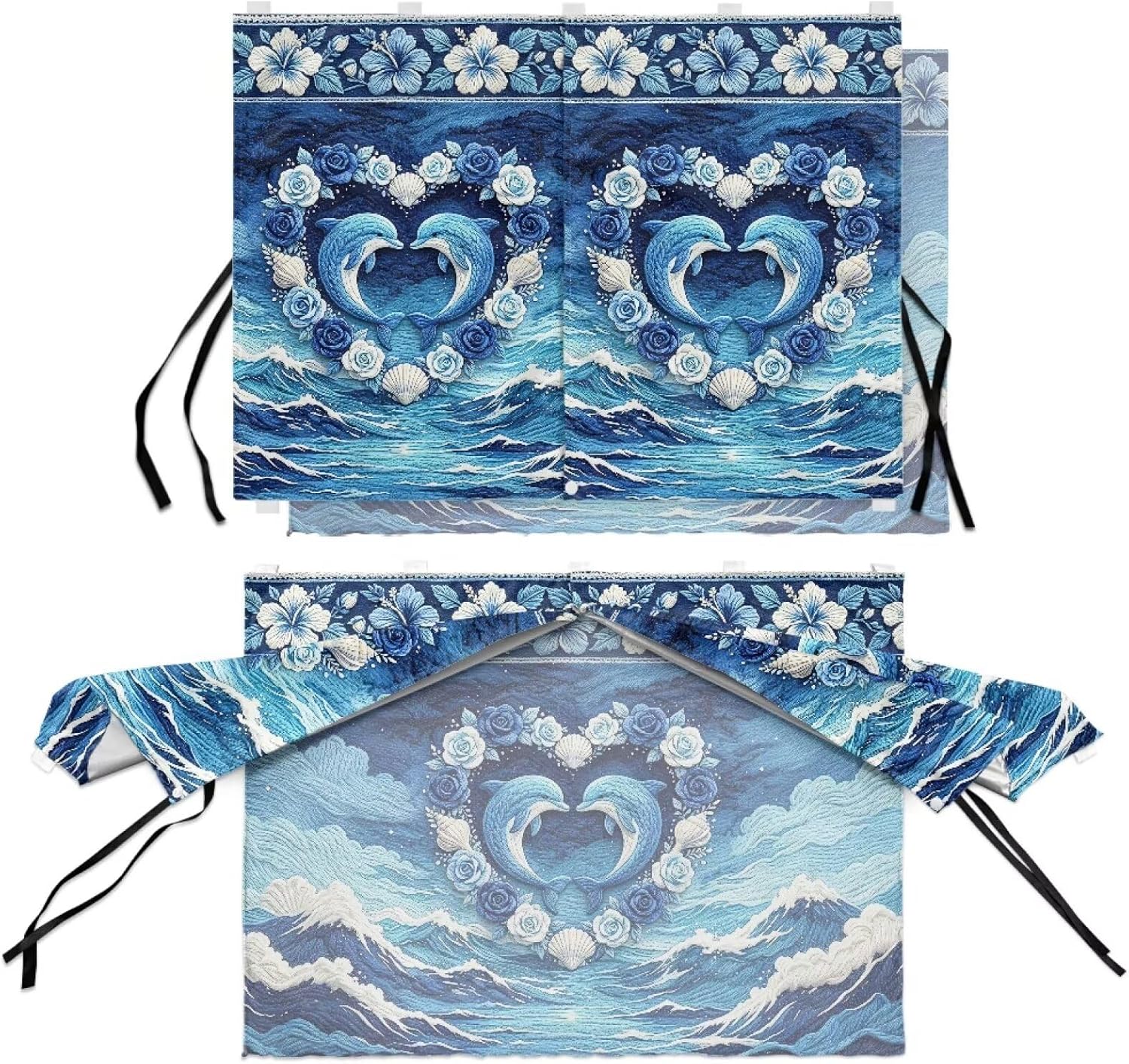 Wanyint Car Window Shade for Baby, UV Protection Heat Block Sun Shade Auto Decor for Rear Window, Magnetic Double Layer Sunshade for Baby, Kids, Pets, 2 Pack, Blue Dolphin Hibiscus Wave