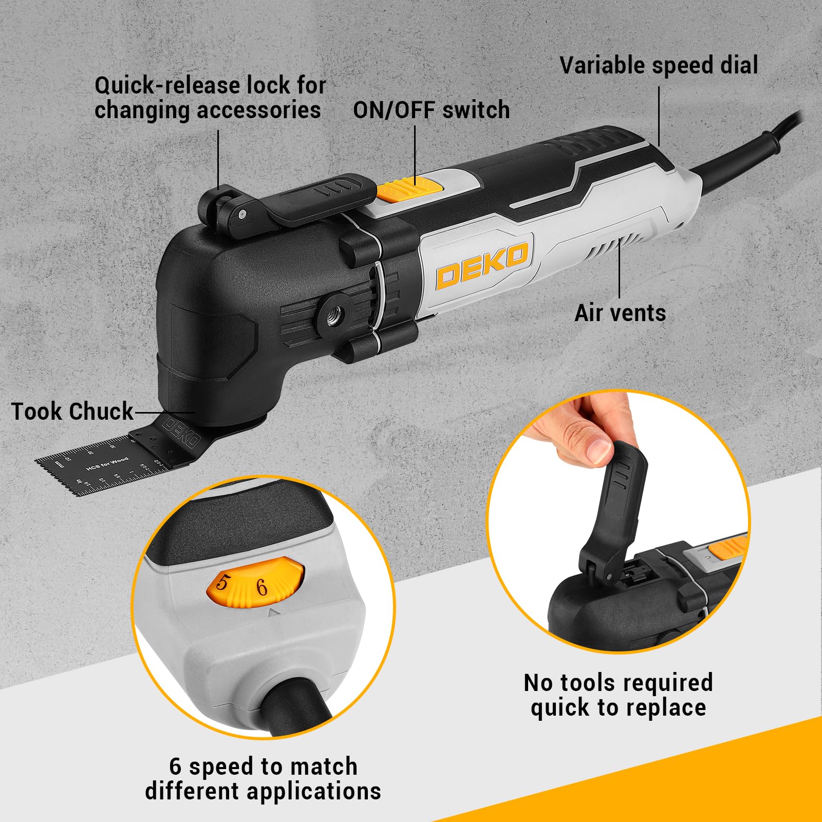 Strumento Multifunzione da 300 W con Sistema di Cambio Rapido e Movimento Alternativo: DEKOPRO 3000-22000RPM, Strumento Elettrico Multifunzione con Cavo