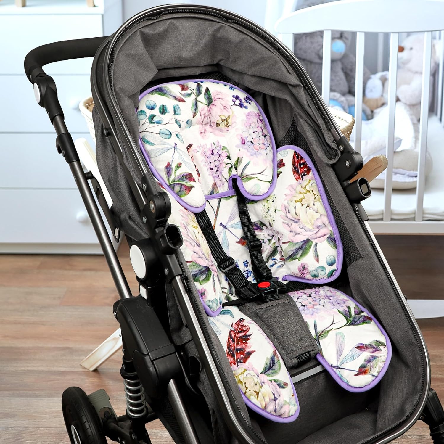 Infant Car Seat Insert for Newborn Girls Boys, HNHUAMING 2 In 1 Reversible Baby Car Seat Head & Body Support, Extra Soft Baby Car Seat Cushion Insert for Strollers, Swings, and Bouncers, Purple Floral