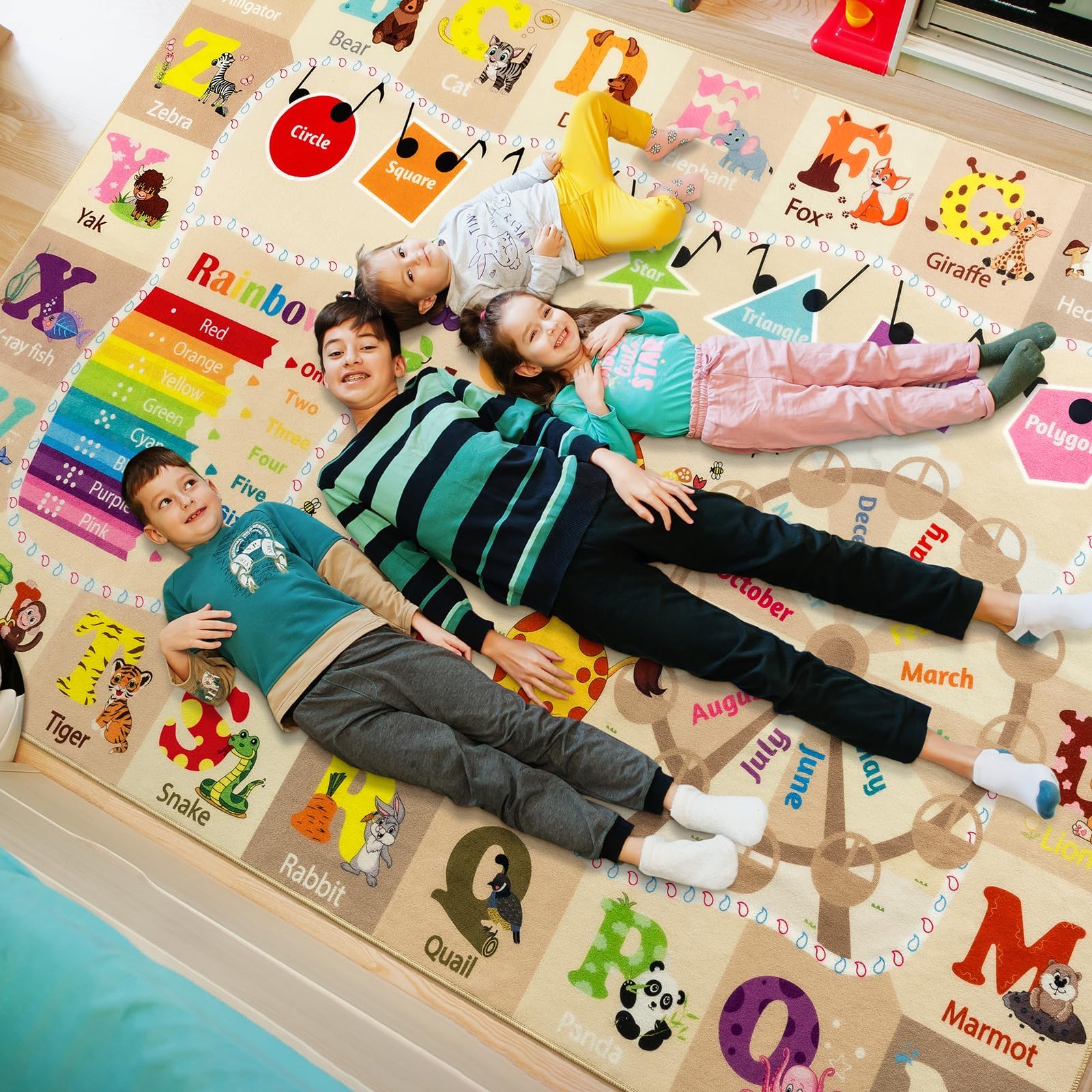 Grand tapis de salle de jeux pour enfants – Tapis éducatif et amusant avec lettres de l'alphabet ABC – Tapis lavable pour salle de classe – 152 x 24 cm – Beige