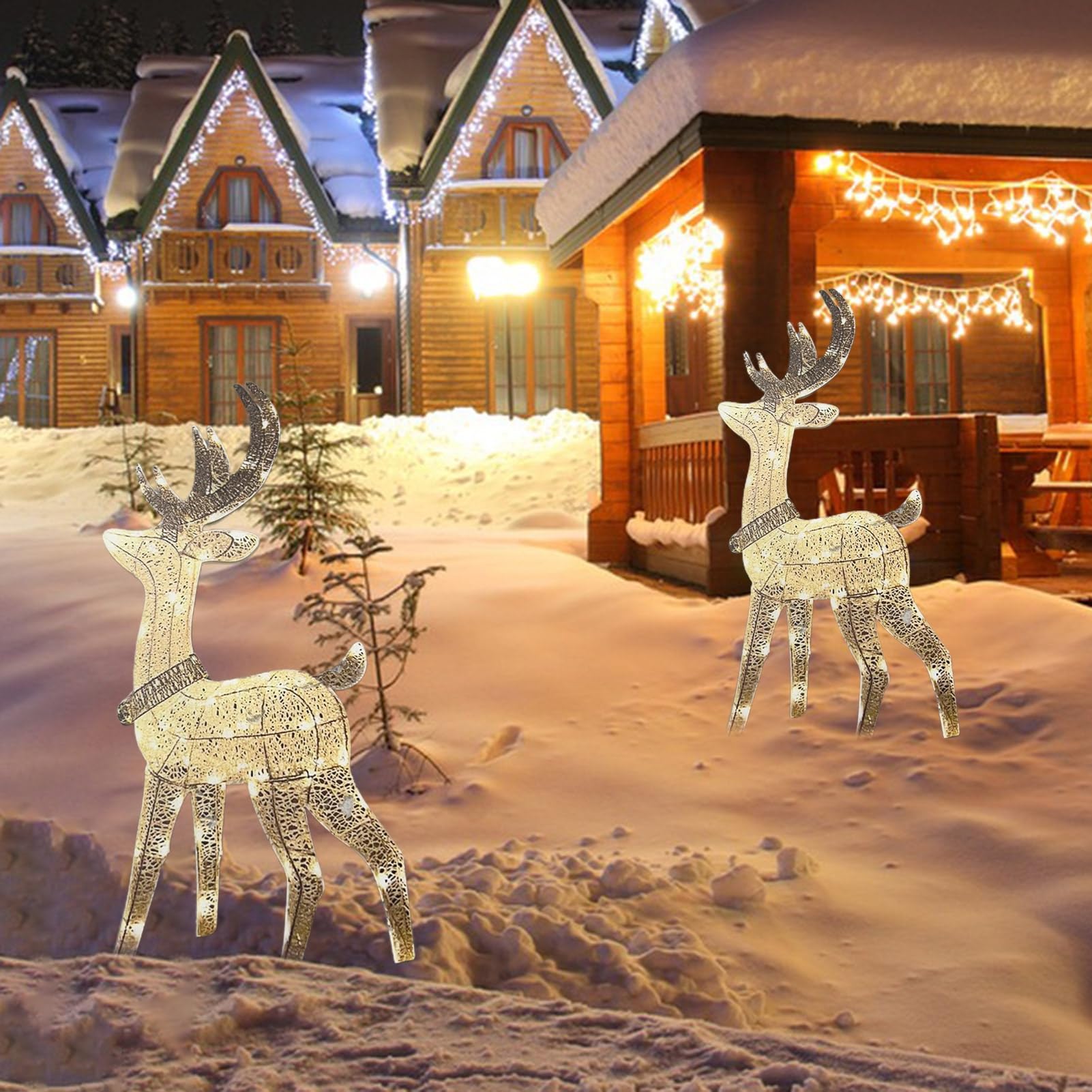 Hshduti Yellow Lighted Christmas Decorations, Outdoor Reindeer With Led Lights, Glittering Deer Festival Decoration For Yard Lawn Patio Porch Indoor Outdoor, Light Up Deer Deocrations Battery Powered