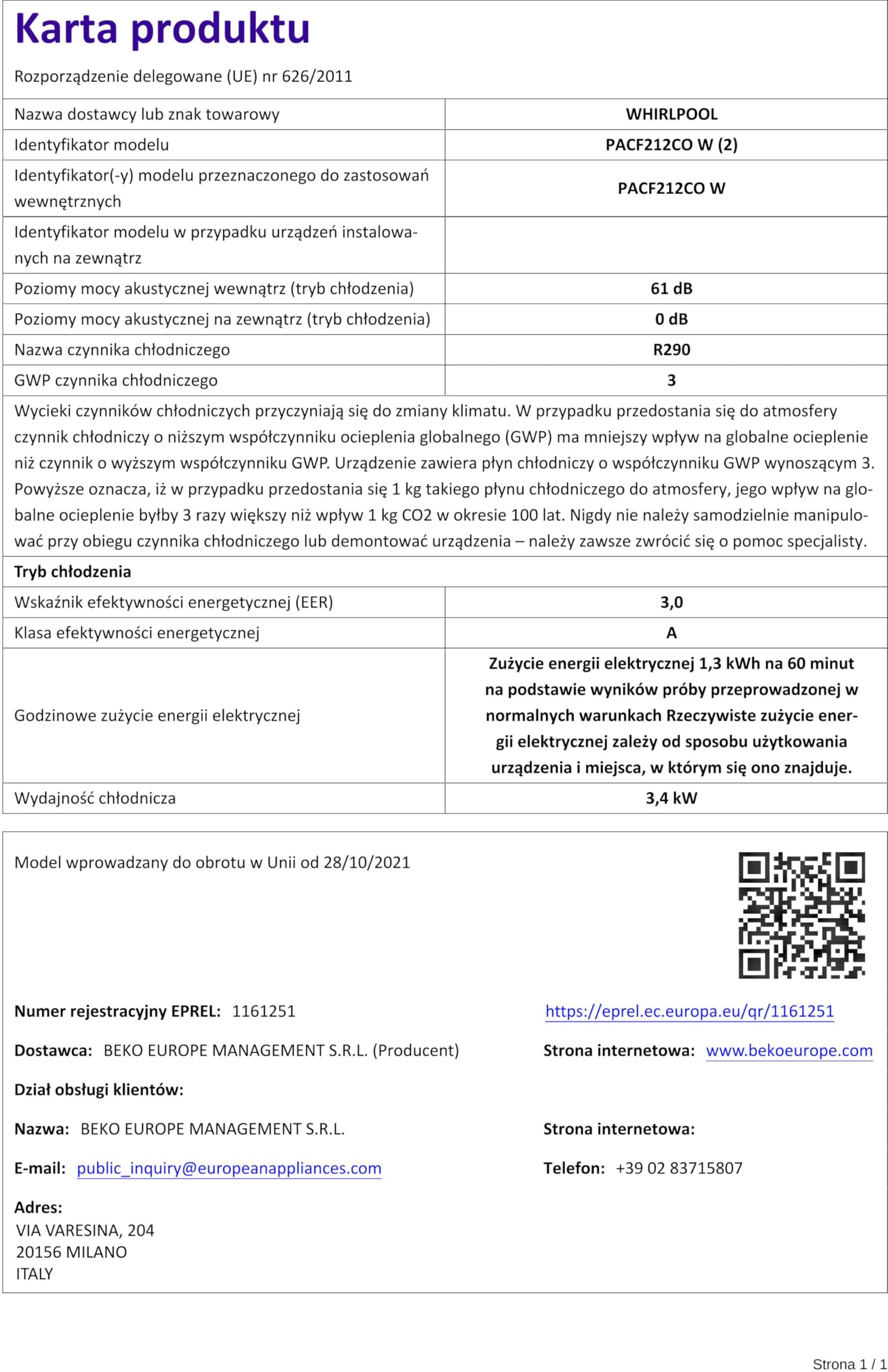 Whirlpool PACF212CO W Condizionatore