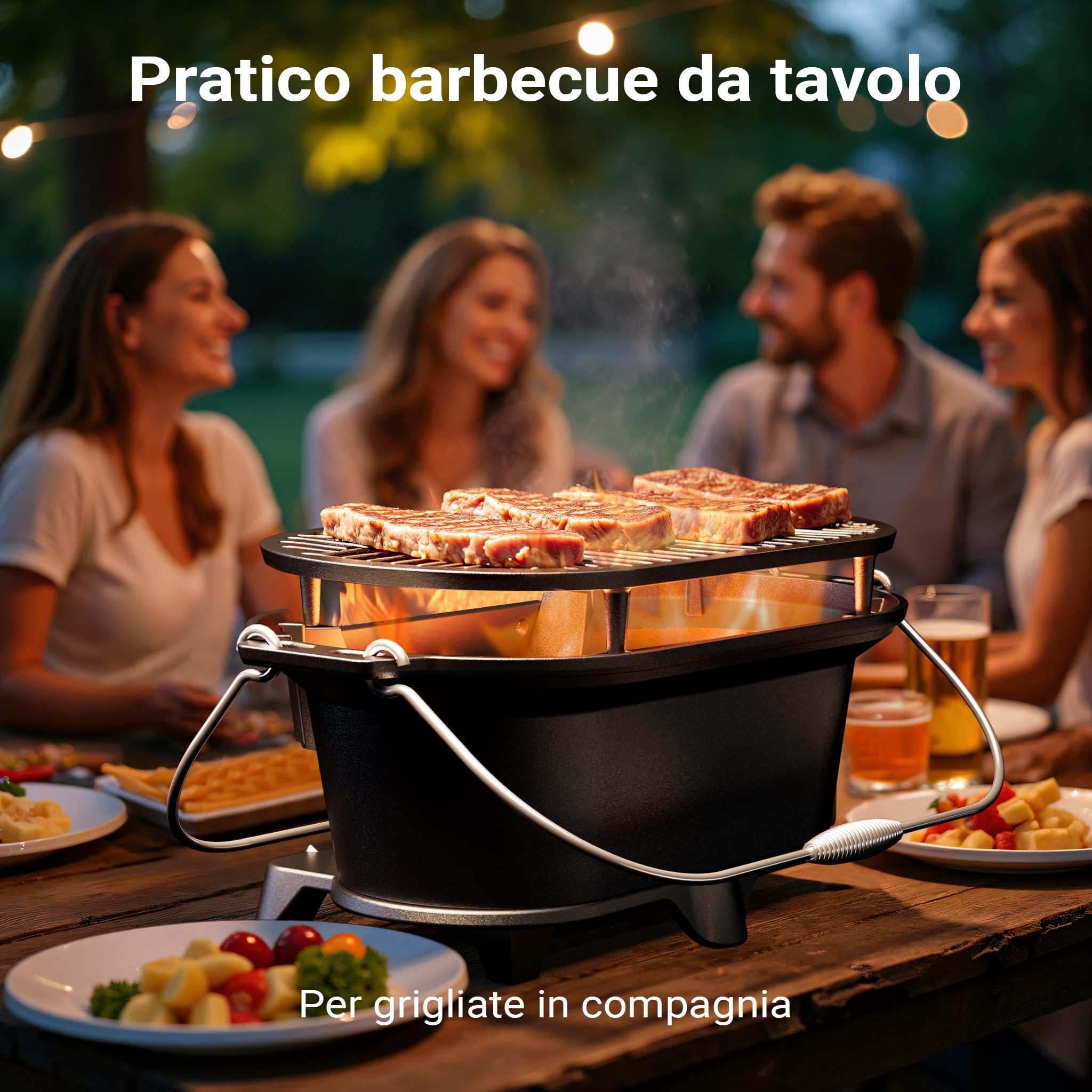 Wiltec Pentola in ghisa con griglia, barbecue portatile a carbonella con sistema di aspirazione, 50x27x21 cm, griglia da campeggio