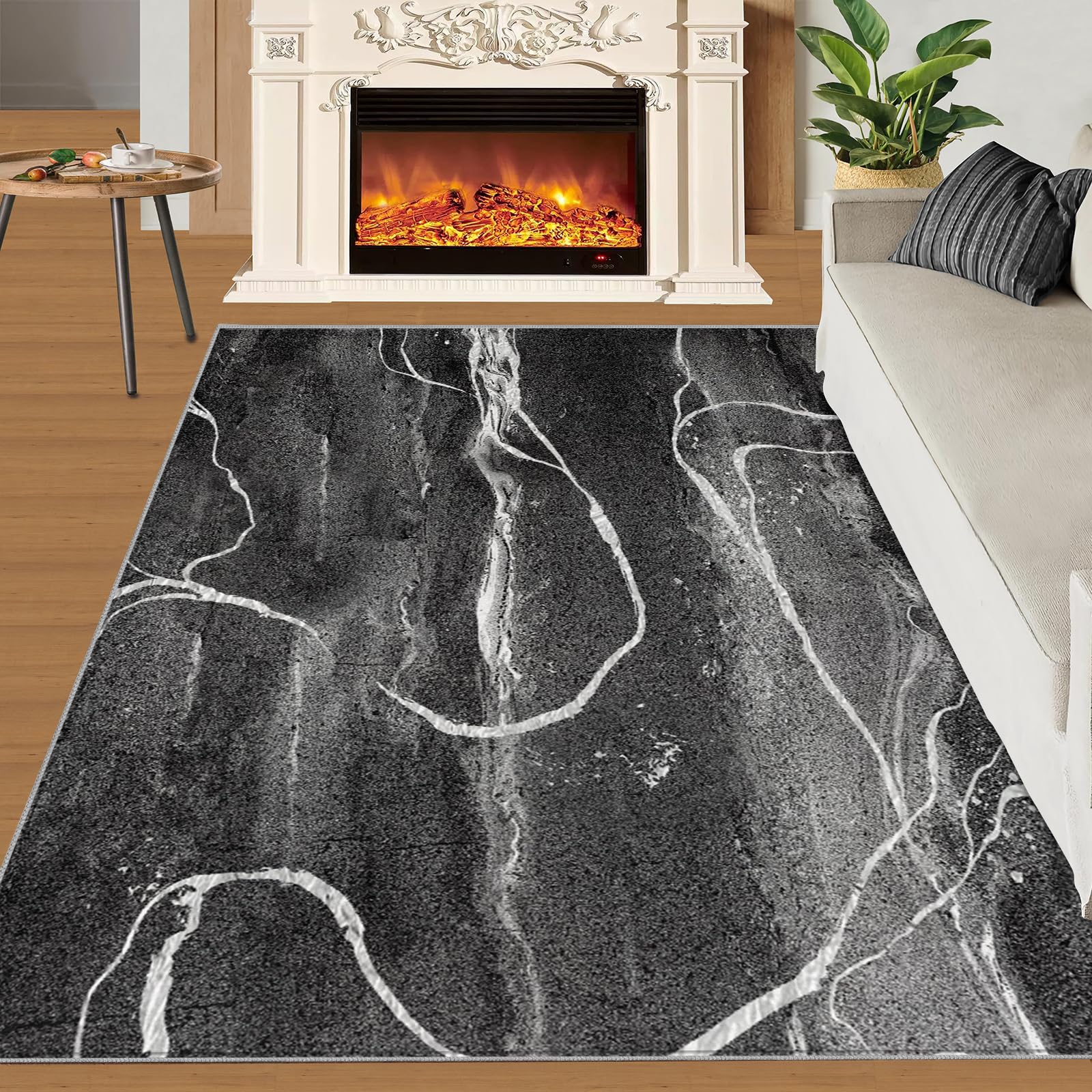 Tappeto lavabile 150 x 200 cm nero astratto marmo con strisce curve bianche antiscivolo, tappetino impermeabile per decorazione domestica, sala giochi, bar e ufficio