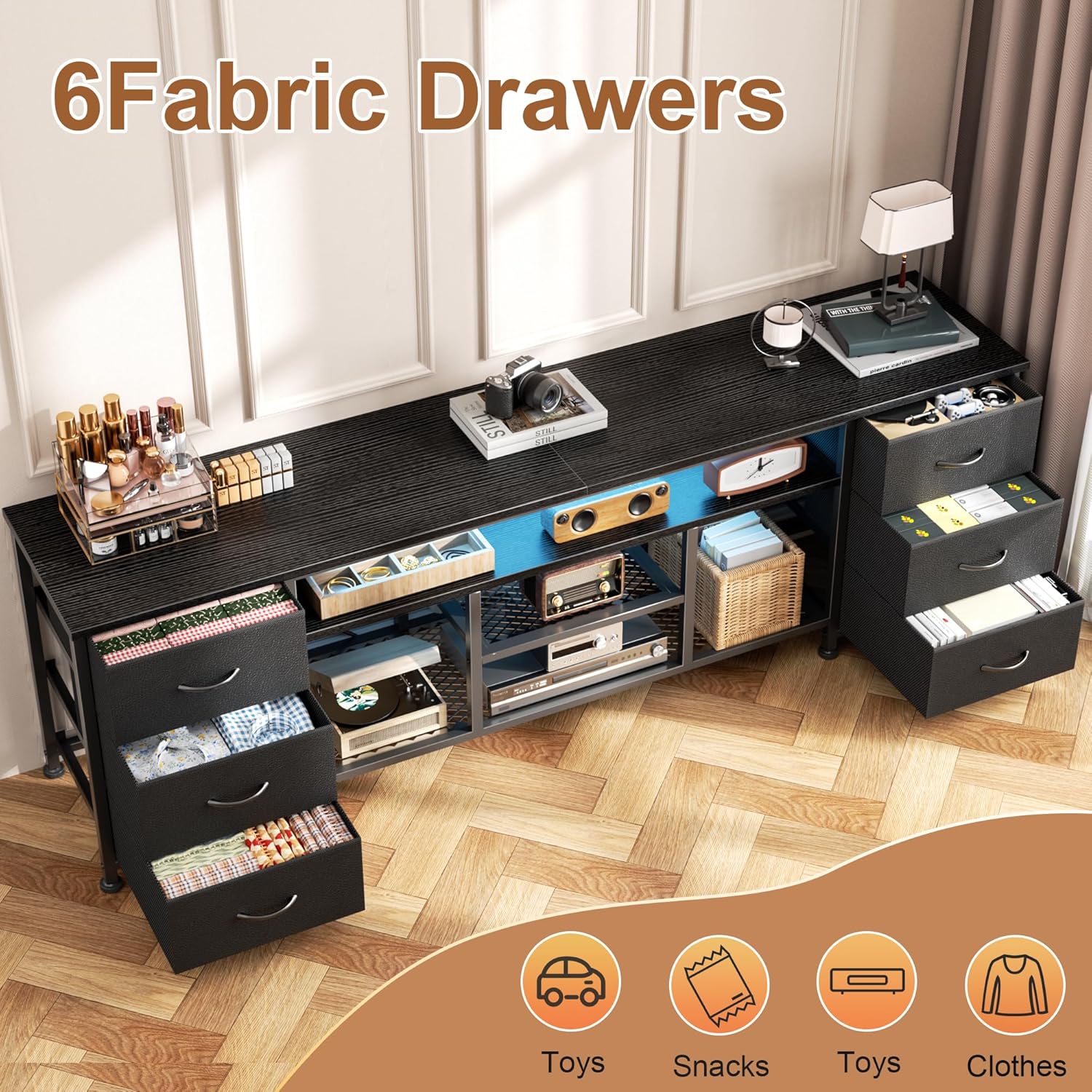 Furologee LED TV Stand for 65, 70 Inch TV, 63 Inch Entertainment Center with Power Outlets, 6 Fabric Drawers Dresser for Bedroom, Media Console with Open Shelves, PU Leather Surface, Black