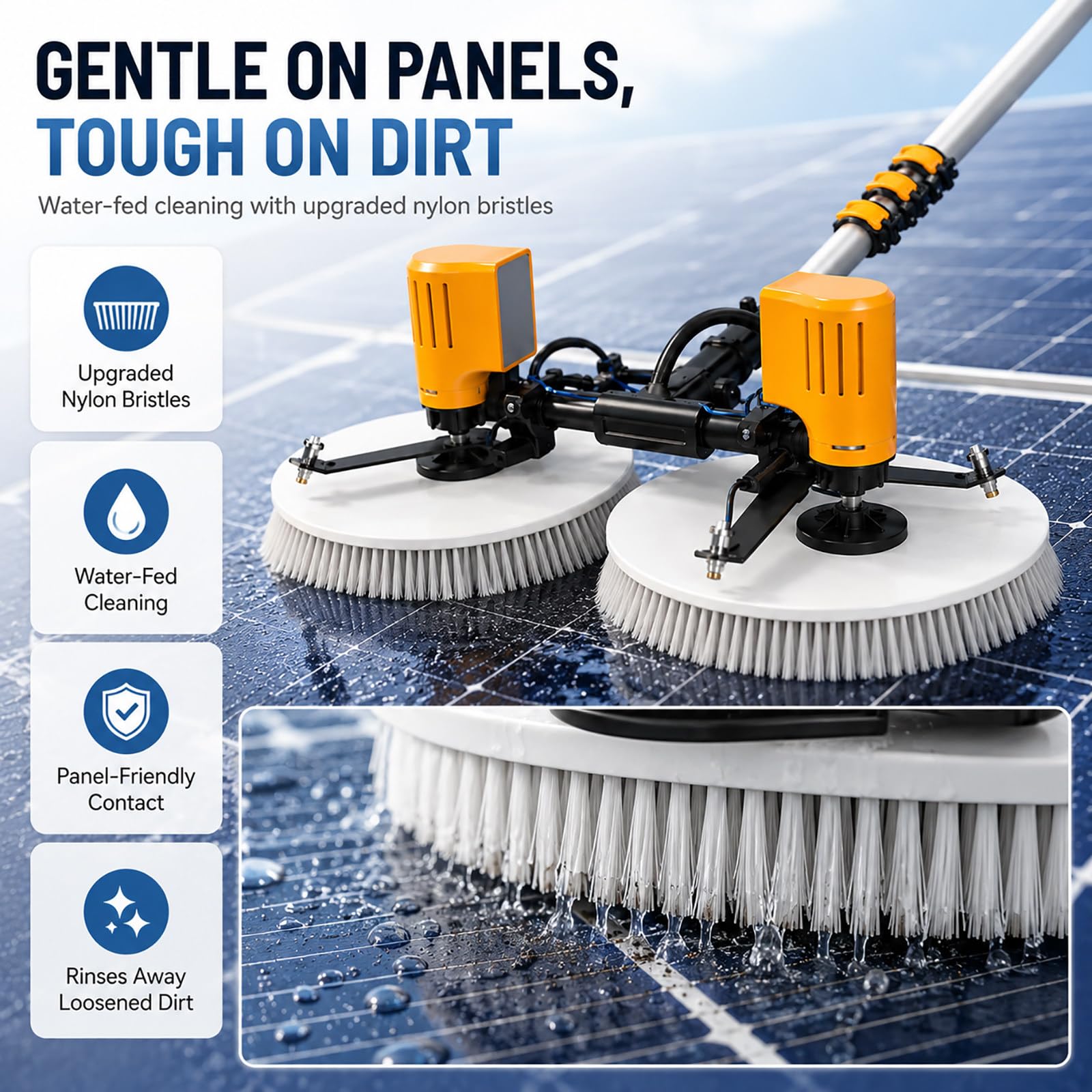 Cepillo Telescópico para Paneles Solares – Doble Cabezal Giratorio con Cerdas de Nylon para Mantenimiento Fotovoltaico 7.5m(24.6ft)