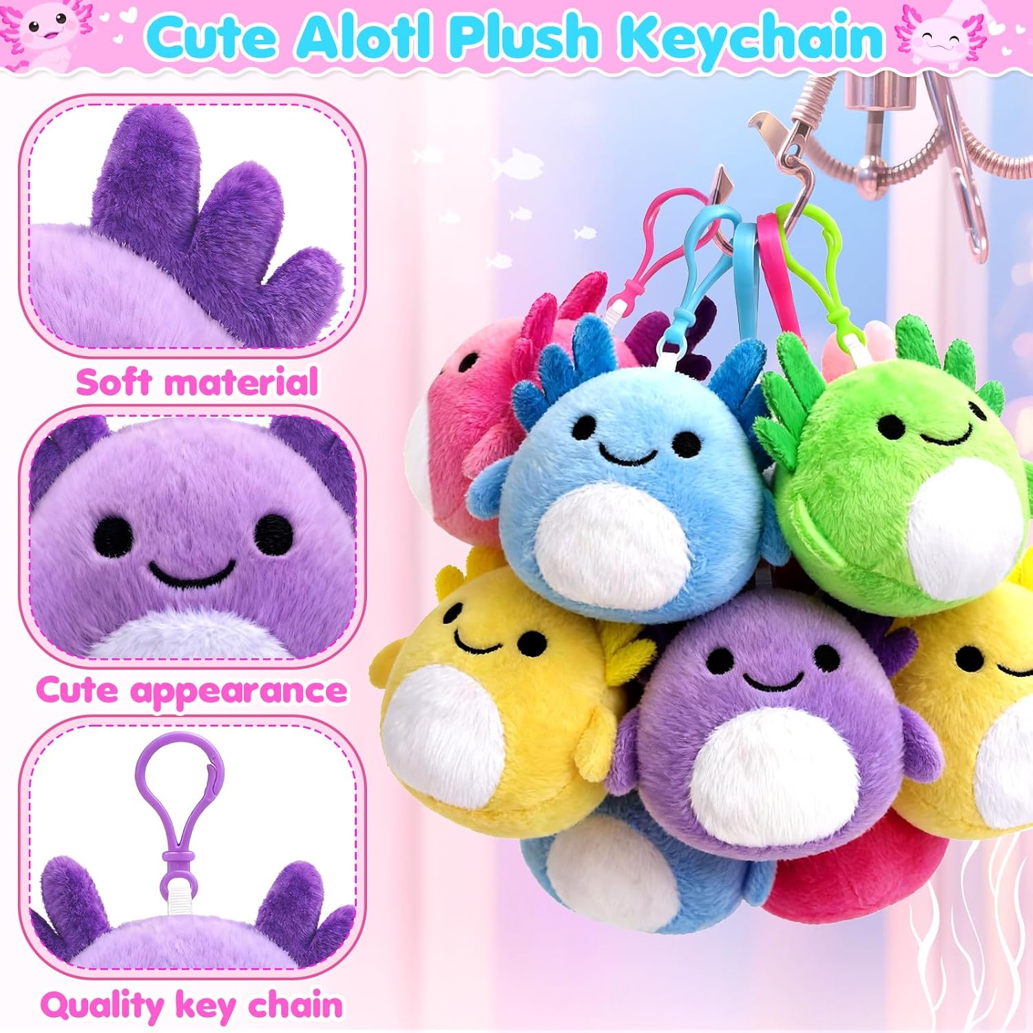 Valentines Day Gifts for Kids, 24 Pack Valentines Day Cards for Kids School Classroom with Axolotl Plush Toys Keychains, Valentines Party Favors, Exchange Gift and Bag Stuffers for Boys Girls