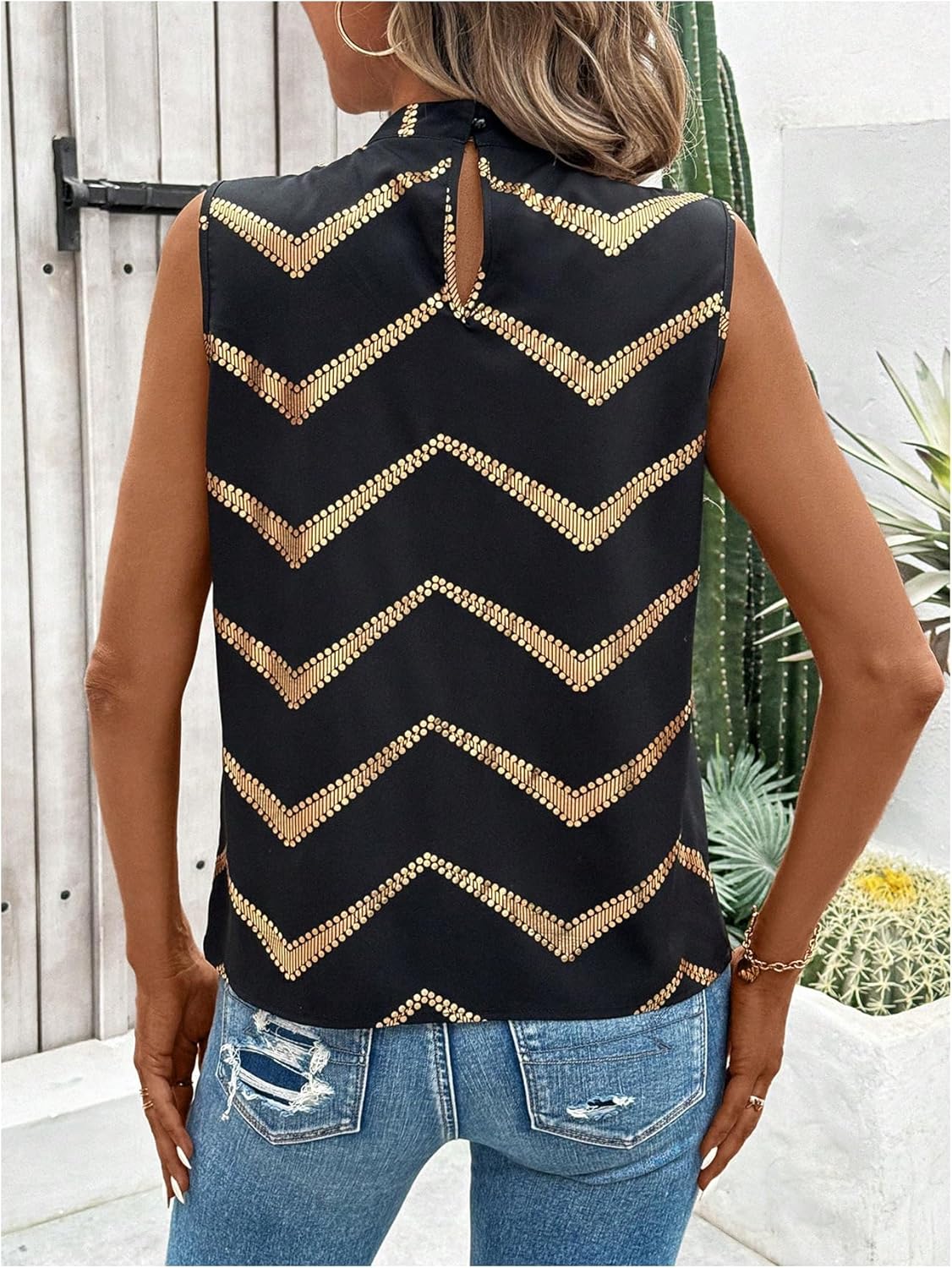 SweatyRocks Women's Pleated Sleeveless Blouse Tops Printed Summer Business Work Shirts - Image 3