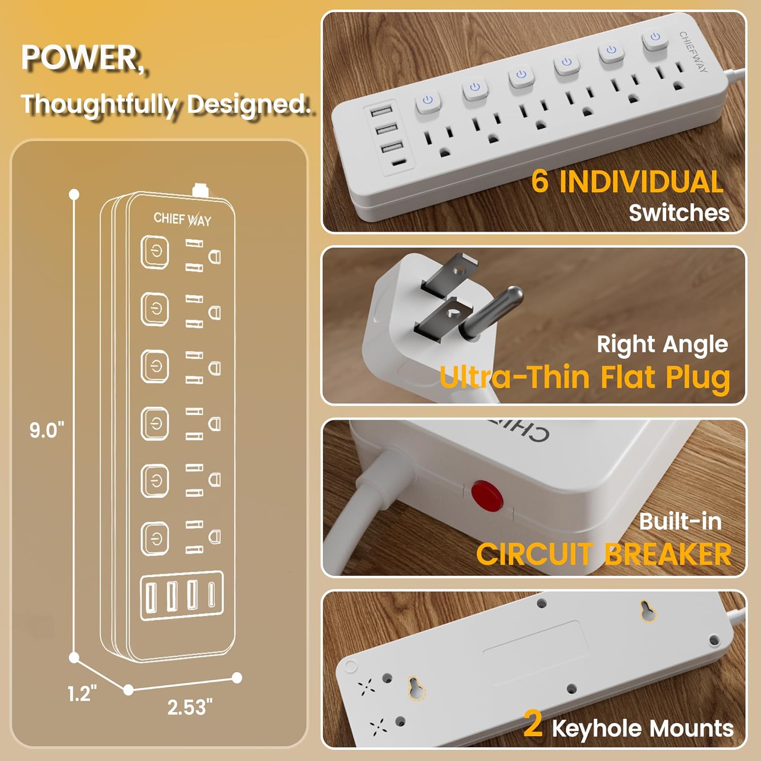 10Ft Power Strip with Individual Switches & 4 USB Ports (1 USB-C), 6-Outlet Flat Plug Extension Cord With Multiple Outlets, Desk Charging Station, No Surge Protector for Office Dorm, Travel Essentials