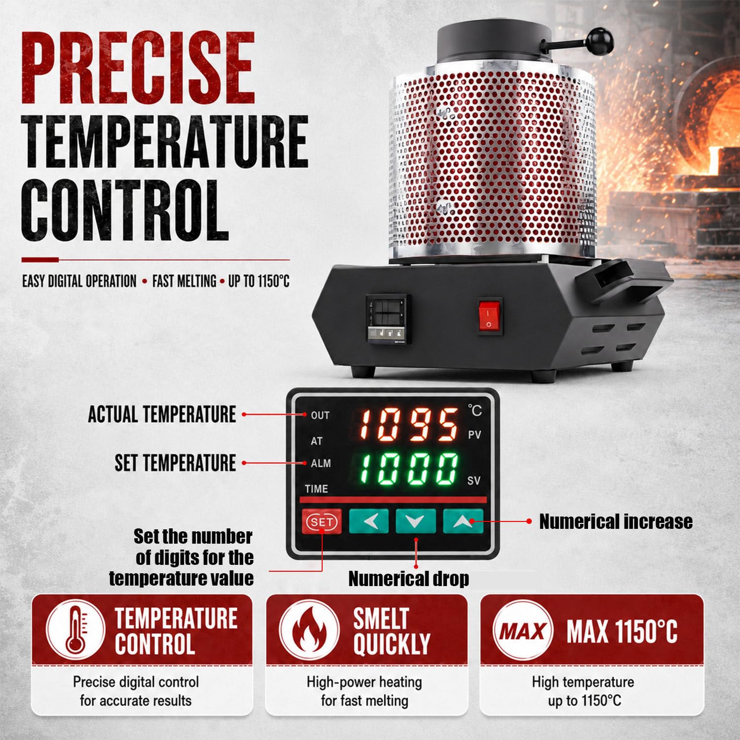 Urządzenie do topienia metali 1750W cyfrowe dla rękodzieła 110V-2kg | PID dla stabilnej temperatury. Tygiel grafitowy w zestawie. Idealny do modelarstwa i obróbki metali.