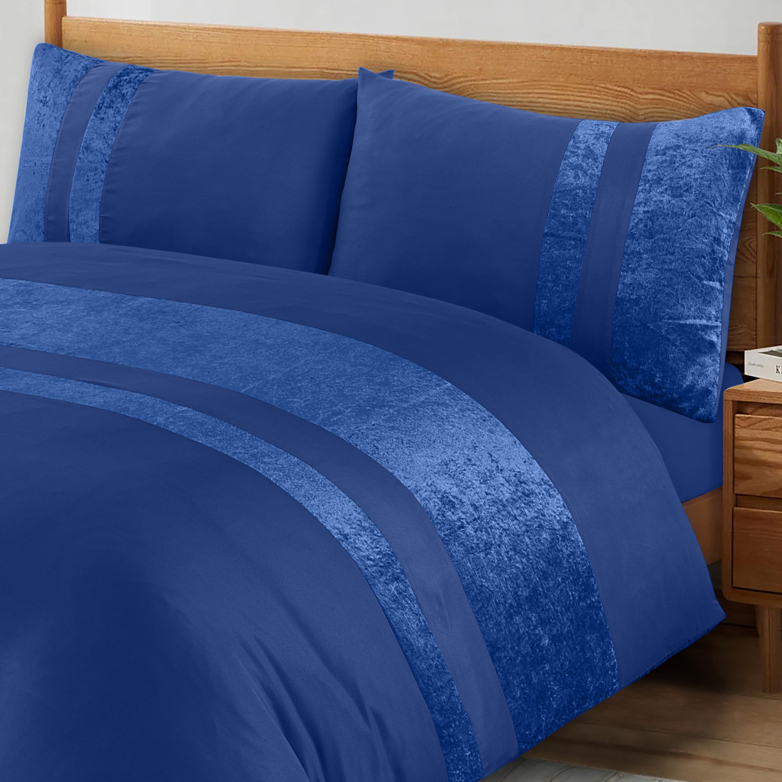 ZZZMRH Luxury Crushed Velvet Duvet Cover Sets with 2 Pillow Cases Superking Duvets Sets – Navy Color Crush Velvet Panel Band Super King Duvet Cover
