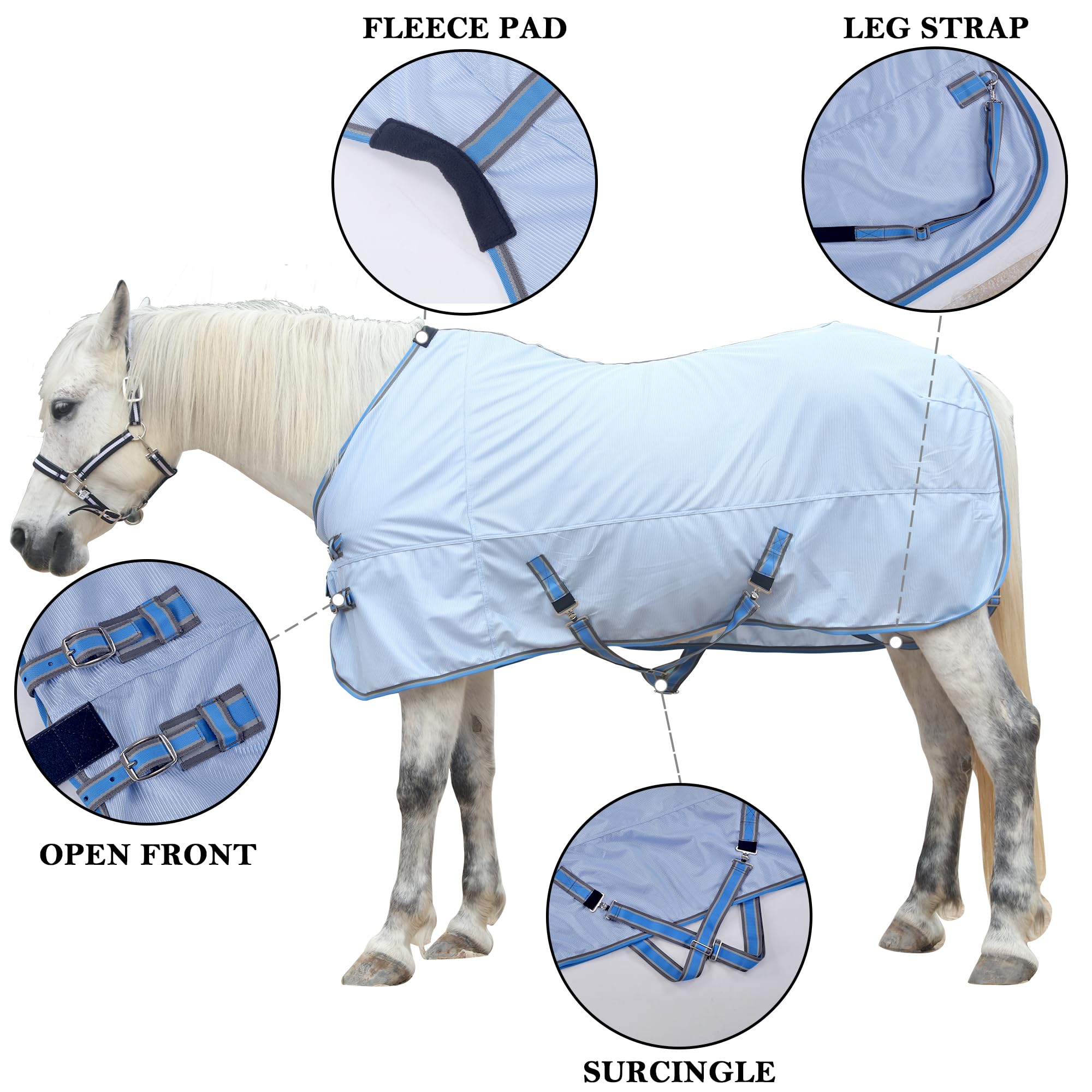 Leberna Tapis anti-mouches pour cheval – Drap en maille confortable avec protection avancée contre les UV et les insectes, tapis d'été léger pour équin (bleu clair, 1,8 m)