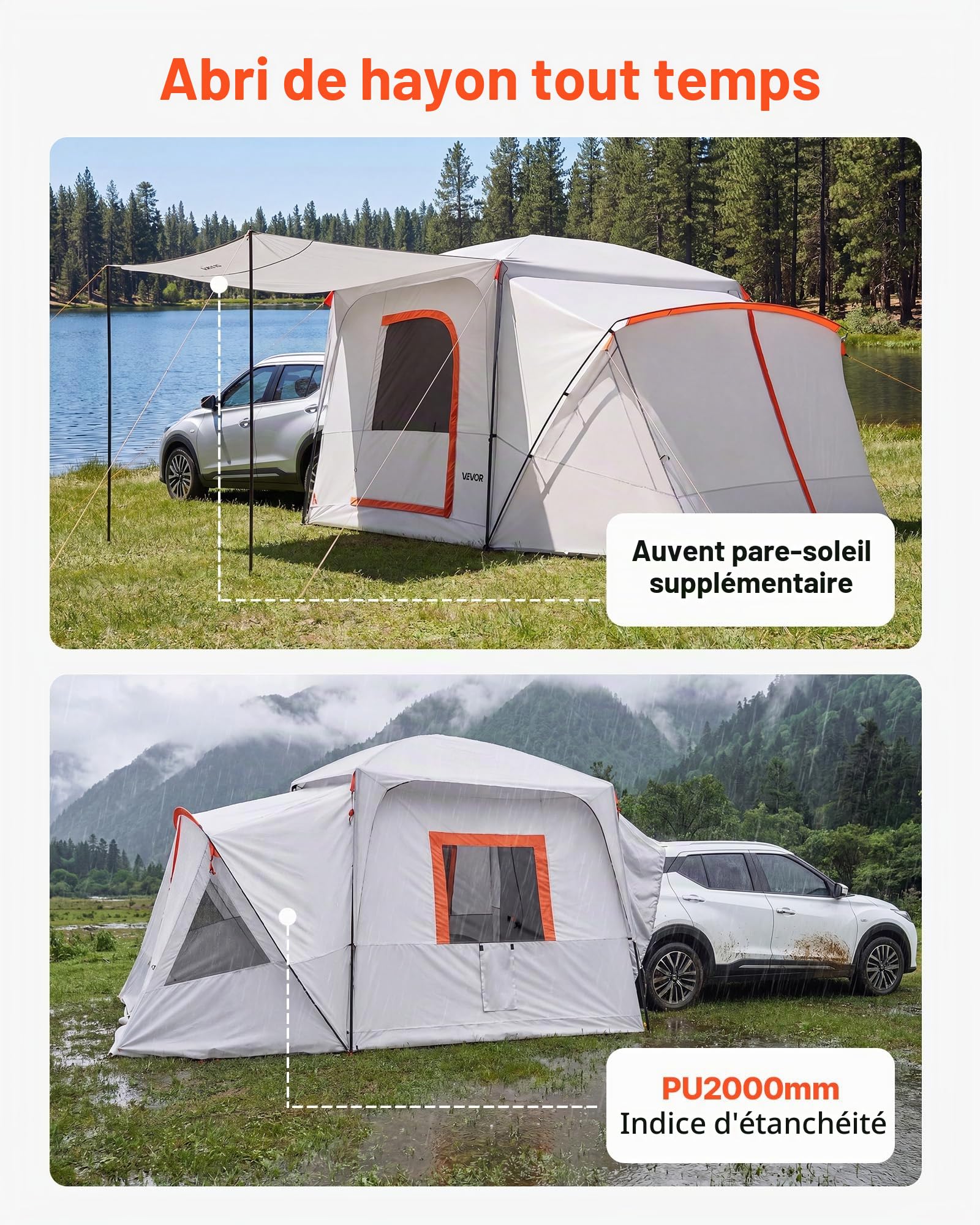 VEVOR Tente Arrière SUV, Tente de Camping pour Voiture 396,4x305 cm Capacité 5-9 Personnes, pour Randonnée Voyage en Plein Air, Auvent de Hayon Imperméable PU2000 mm, avec Fenêtres Ventilées