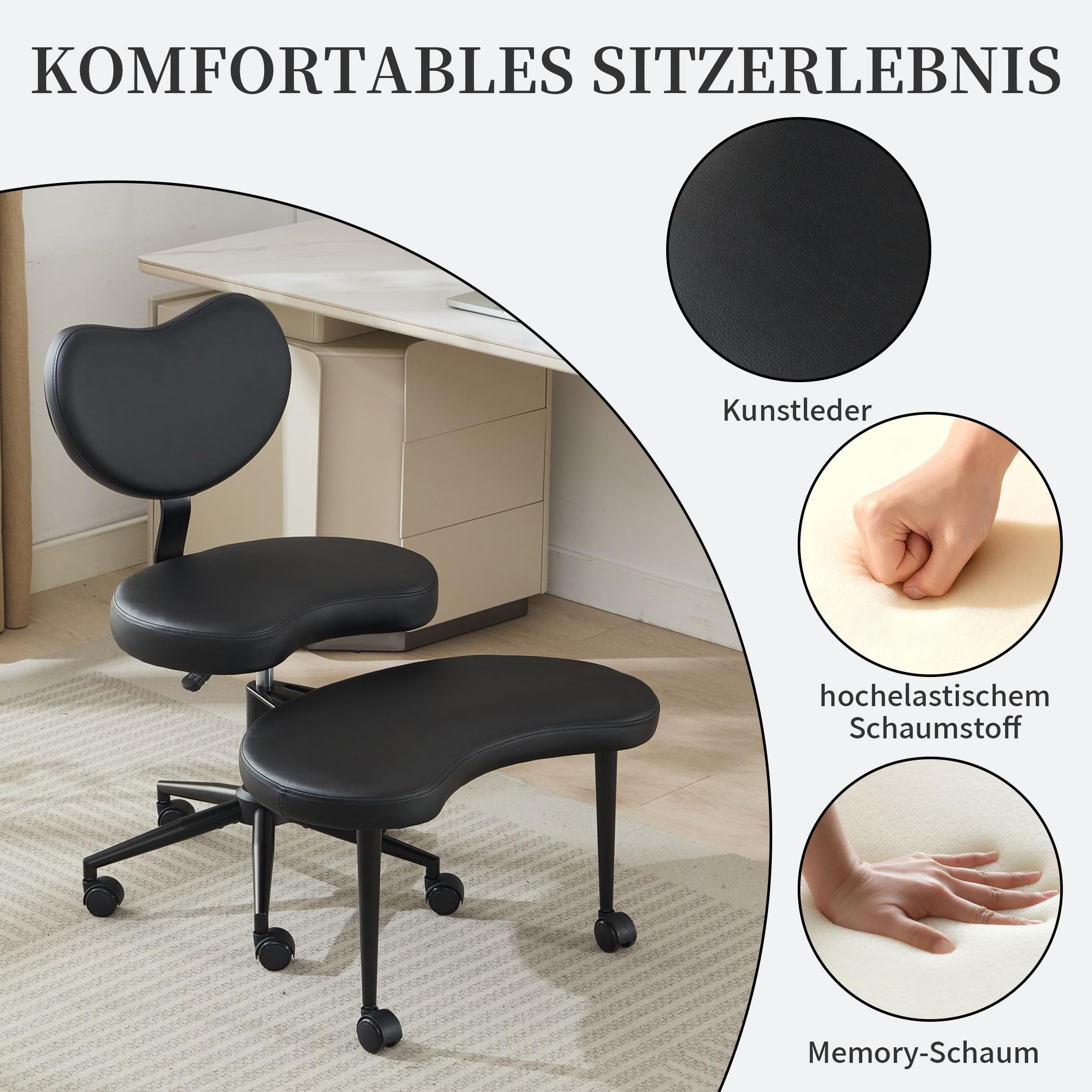 Sedia da meditazione al ginocchio, ergonomica, regolabile in altezza, con seduta girevole, in pelle PU, seduta curva, ideale per loto, sedile al ginocchio o posizione accovacciata (nero)