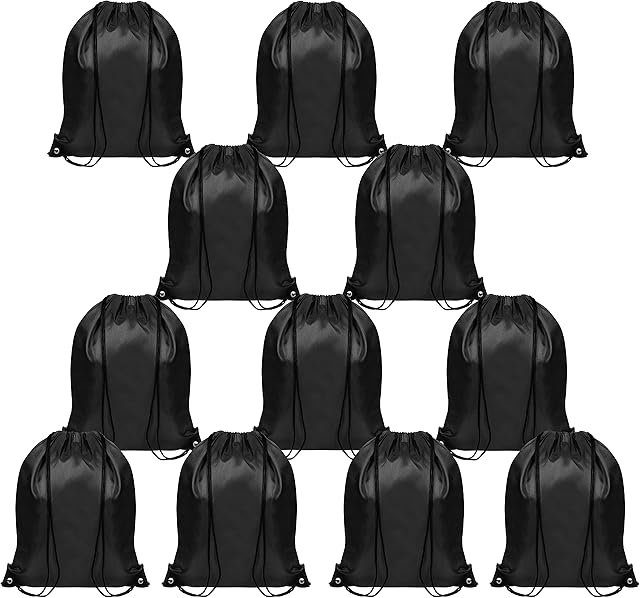 BELLE VOUS Black Drawstring Gym Bags (12 Pack) - 42 x 35cm / 16.5 x 13.5 inches - School Sports Backpacks for Storage, Travelling and Swimming - Unisex Cinch Tote for Men, Woman, Adults and Children