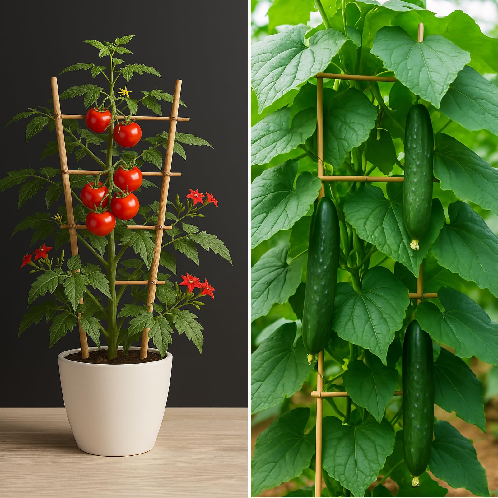 10 Stück Rankgitter Bambus, Rankhilfe Holz für Kletterpflanzen Gurken Tomaten Blumen Tomatenturm - Länge 60 cm (2S, 60 cm)