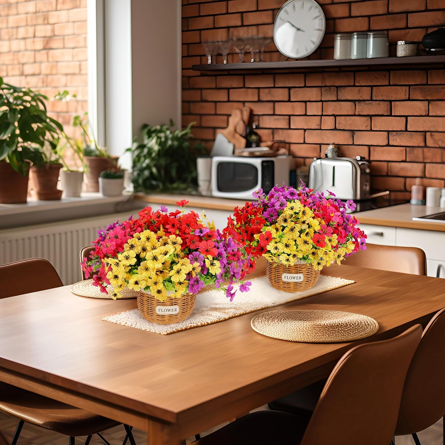 Geegoods Artificial Flower Arrangements for Tables, Fake Potted Mums Silk Flowers with 2 Rattan Baskets for Home Dining Bedroom Office Farmhouse Decor