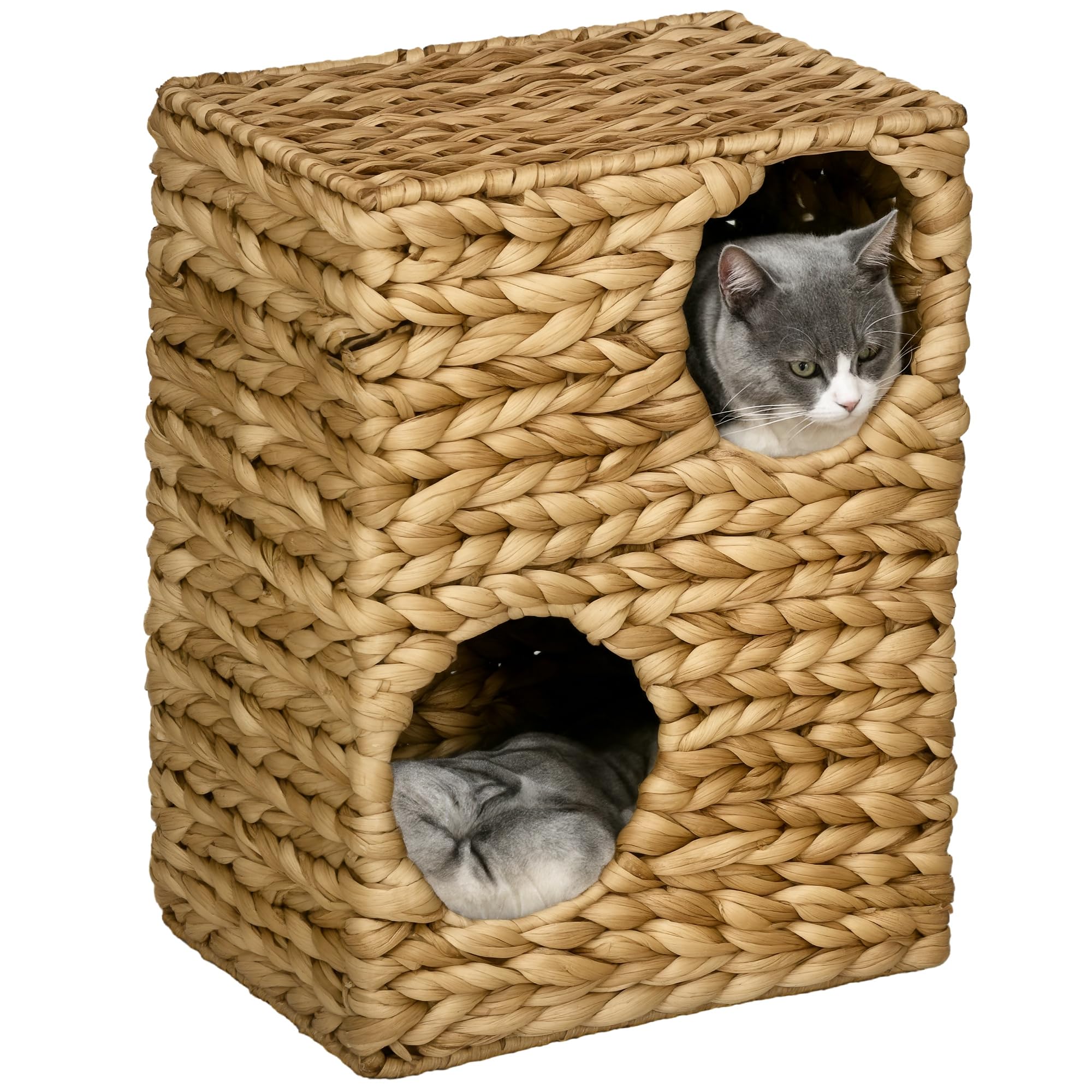PawHut Tonneau à Chat de 55 cm de Haut avec 2 niches, Coussins lavables, Arbre à Chat, Tour de Chat en Jacinthe d'eau, Marron Clair