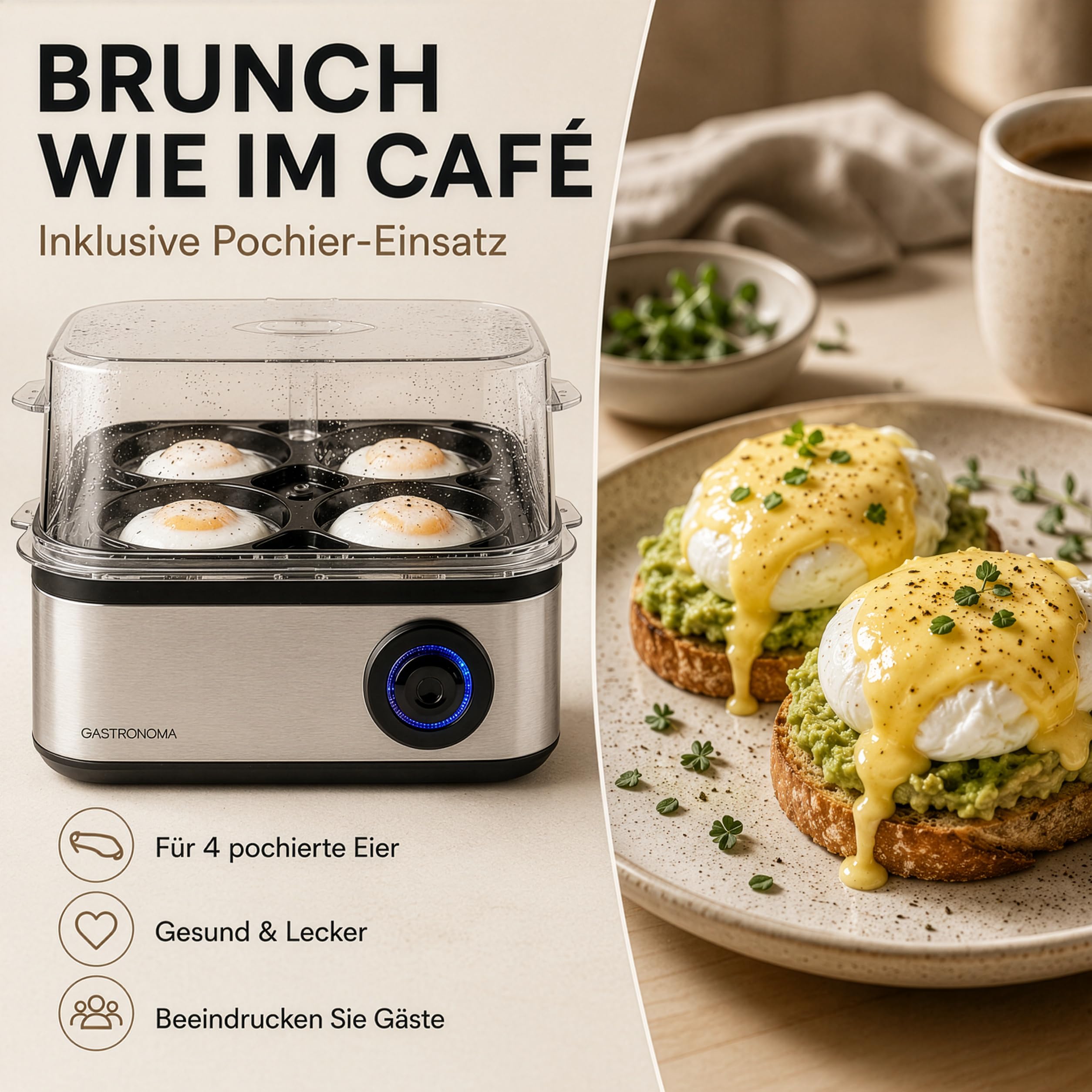 Gastronoma Eierkocher - Eierkocher 8 Eier - Egg Cooker mit Timer - Edelstahl - Silber