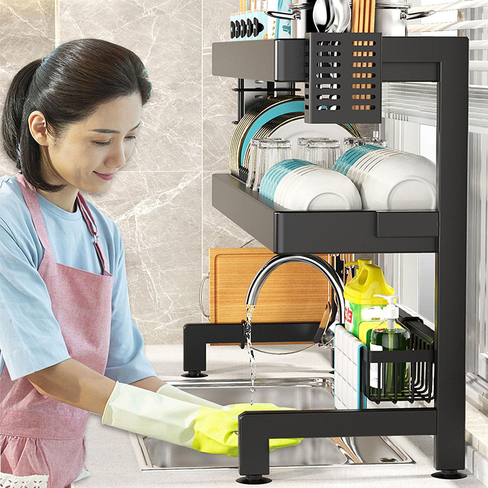Escurridor de platos, escurridor de 3 niveles sobre fregadero con soporte para utensilios, organizador de almacenamiento de cocina para ahorrar espacio, estante negro para encimera
