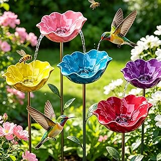 Handmade Metal Flower Garden Stake with Bee Bath & Bird Water Bowl – Decorative Outdoor Yard Art, Butterfly & Pollinator Watering Station, Weather-Resistant Garden Decor Gift for Bird Lovers (5PCS)