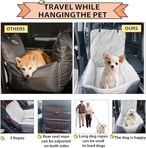 Miniatura 9 de Asiento de automóvil para perros pequeños, asiento de automóvil para mascotas con bolsillo de almacenamiento y correa de seguridad con clip, el
