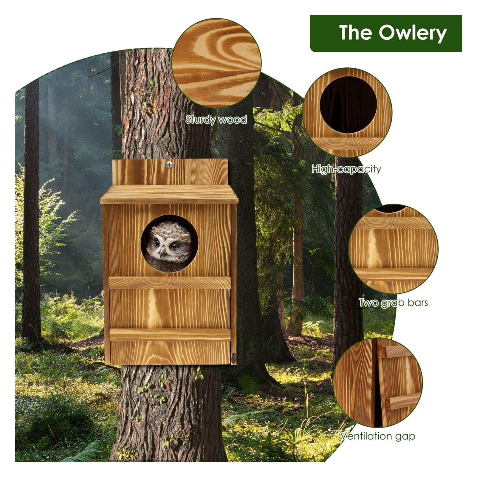 Nistkasten Vogelhaus aus Holz mit kreisförmiger Öffnung, Eulenhaus, großes Nest, Vogelzuchtkasten, for Aufhängen, Haustierzubehör, Heimbalkondekoration(36.8x19x22.8cm)