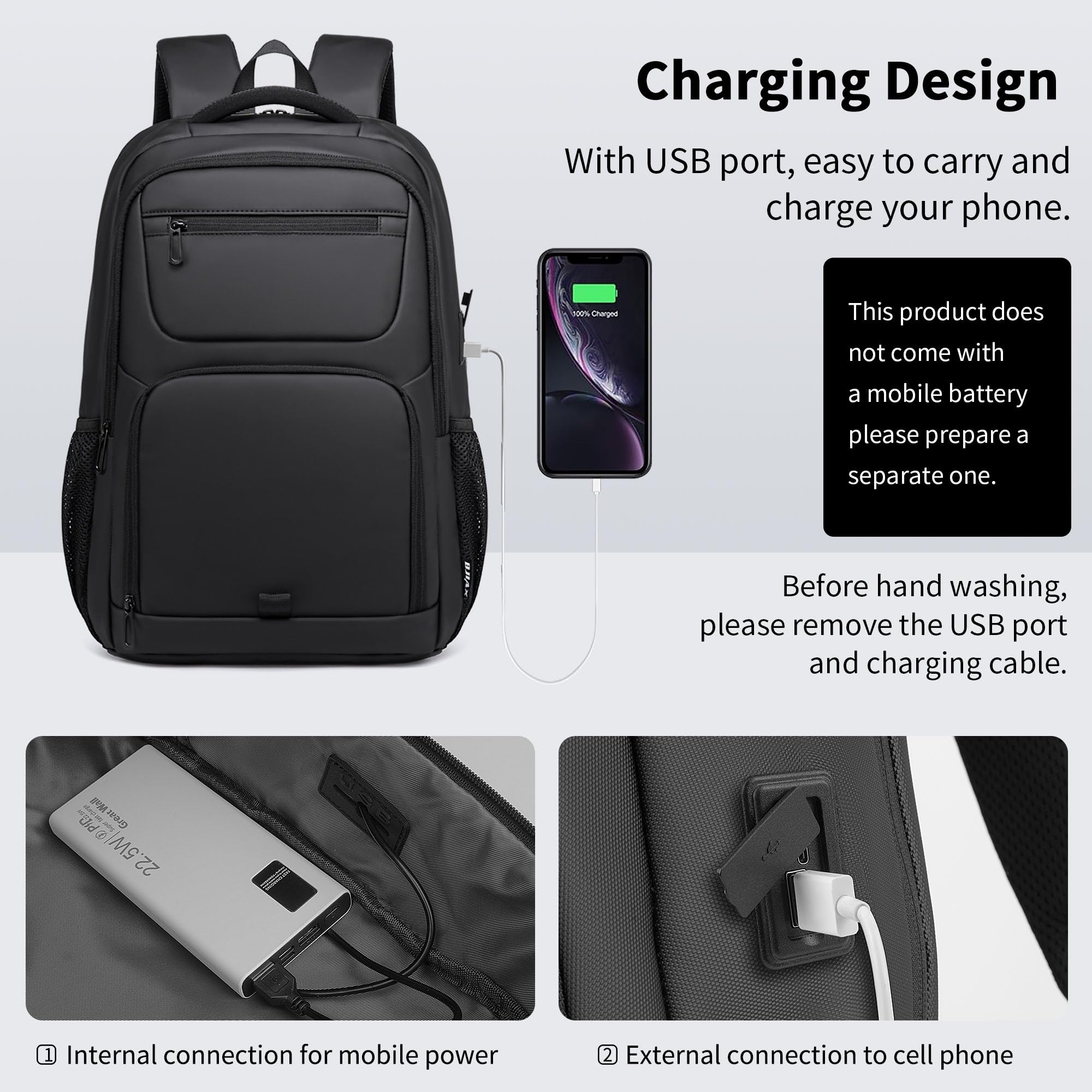 BJIAX Zaino da lavoro Uomo Zaino per PC Portatile, 15.6 Pollici Porta PC con Caricatore USB, 35 Litri Impermeabile per Laptop, Computer, Notebook, Viaggio Regalo Uomo - Film Nero