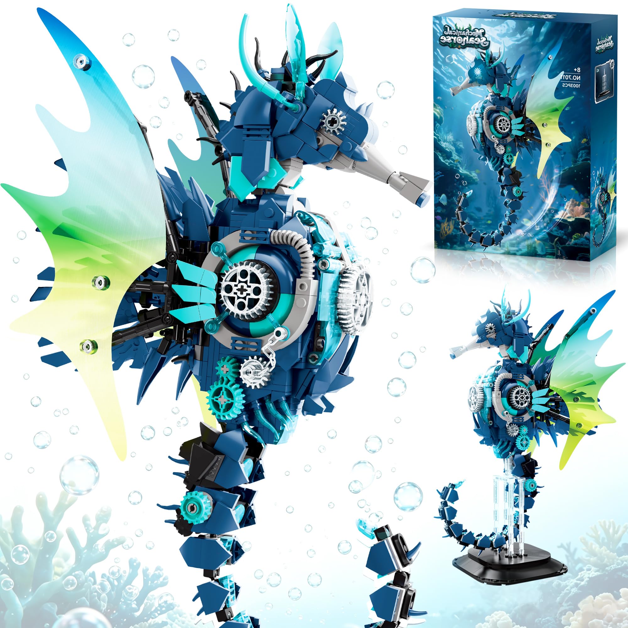 Habow 1003PCS Mechanical Seahorse Building Kit, Cyberpunk Movable Animal Model with Iridescent Fin &amp; Gear Transmission, Building Blocks Set for Adults Teens Collectors, Compatible with Standard Bricks