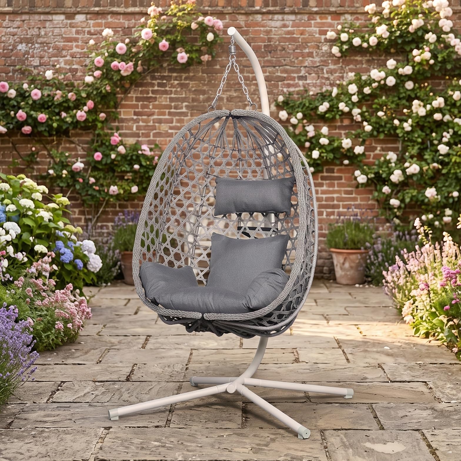 Club Rattan Hanging Egg Chair with Stand, Galvanized Steel Swing Chair with Headrest Pillow & Thick Cushion, Heavy Duty 150kg Max Load Outdoor Hammock Chair for Patio Balcony Garden (black frame)