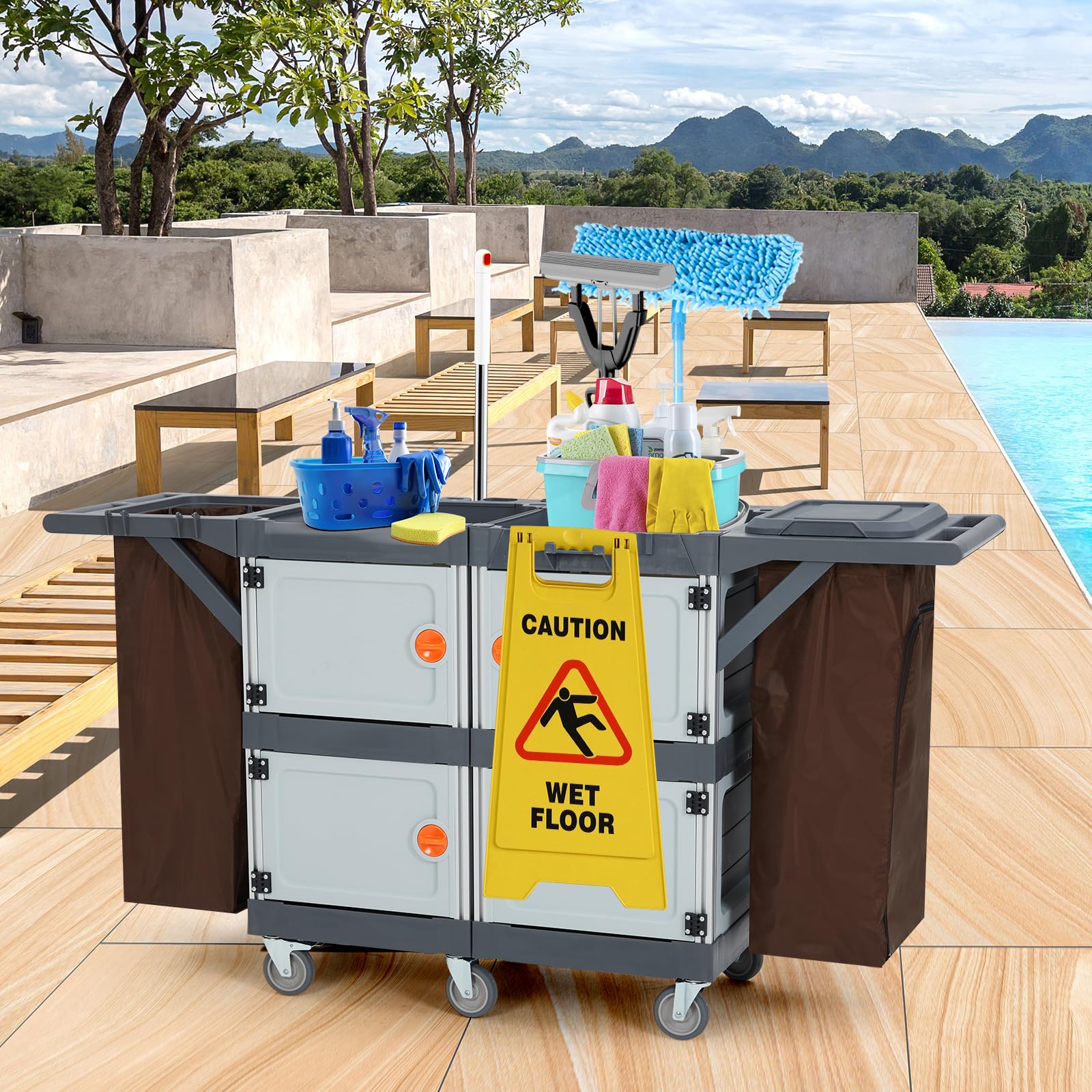 Carrello Pulizie Professionale,Carrello Per Pulizie Commerciali Di Hotel e Ospedali Con Armadietti Ripiani,Carrelli Multiuso Per Pulizia Con 6 Ruote e Sacco in Vinile Per Ufficio, Hotel, Capacità 300