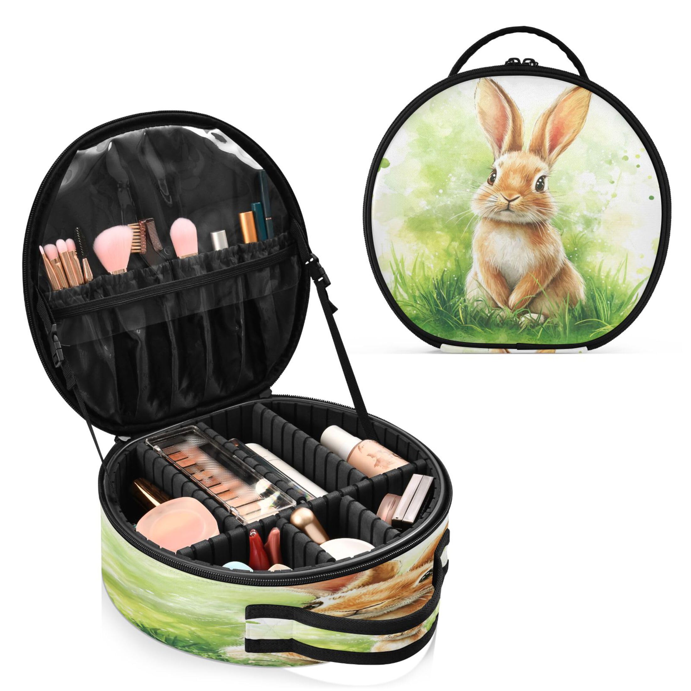 Takiito Cute Rabbit in Grass Travel Makeup Case Portable Makeup Box Artist Cosmetic Case Organizer With Adjustable Dividers