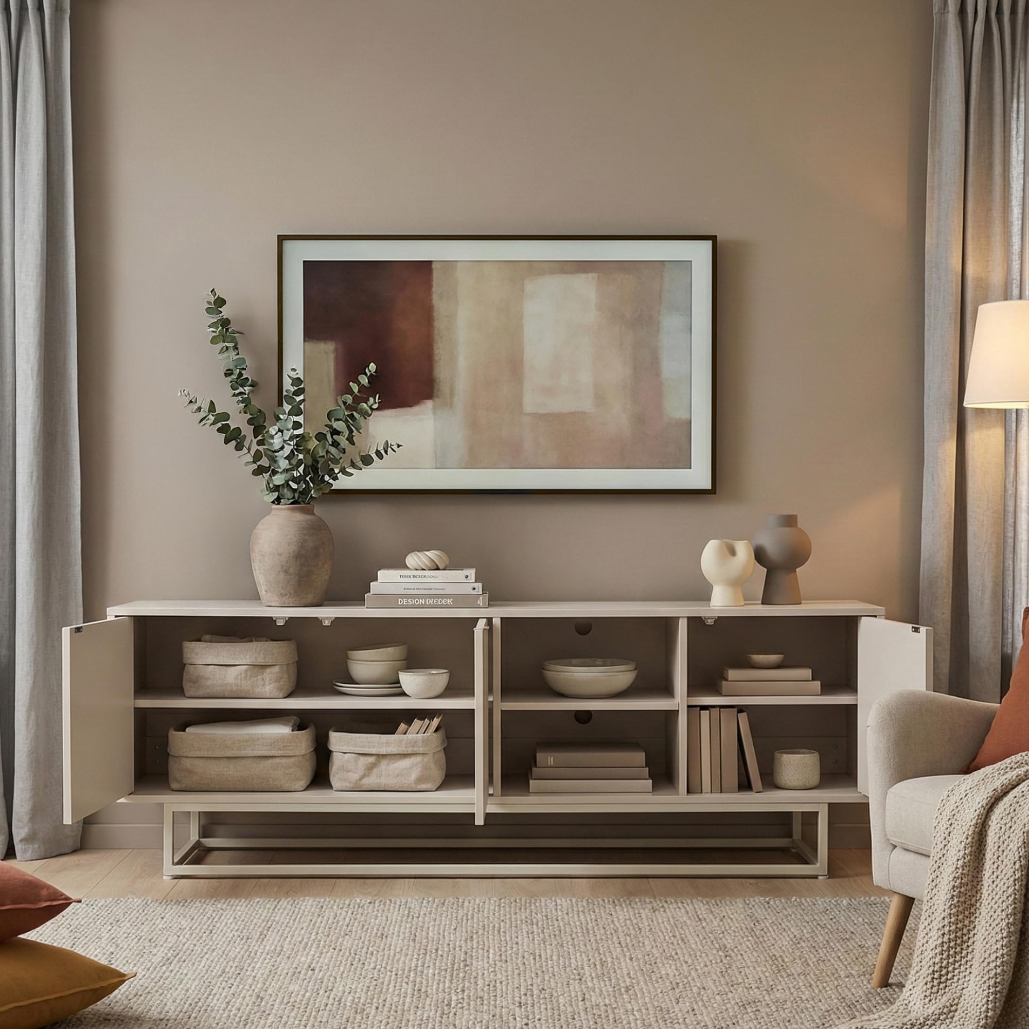 [en.casa] Lowboard Boxholm z 3 drzwiami 160 x 30 x 57 cm, kolor piaskowy | Kredens, szafka pod telewizor, komoda push-to-open, 2 przegródki, metalowa rama, regulowana, do salonu, jadalni, biura