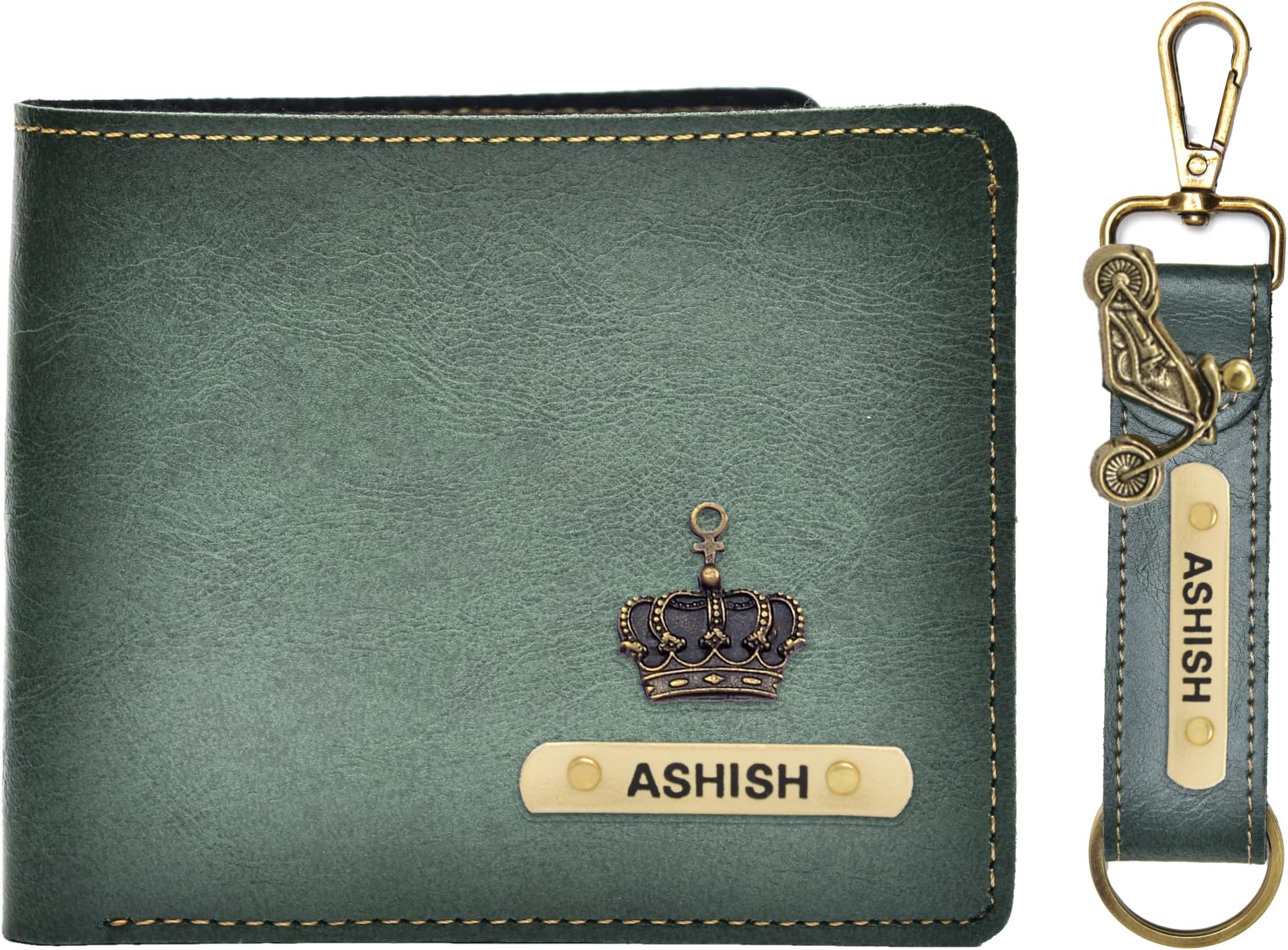 YOUR GIFT STUDIO Leather Customized All in One Men's Combo Gift (2 pcs) Leather Wallet and Key Chain -Green
