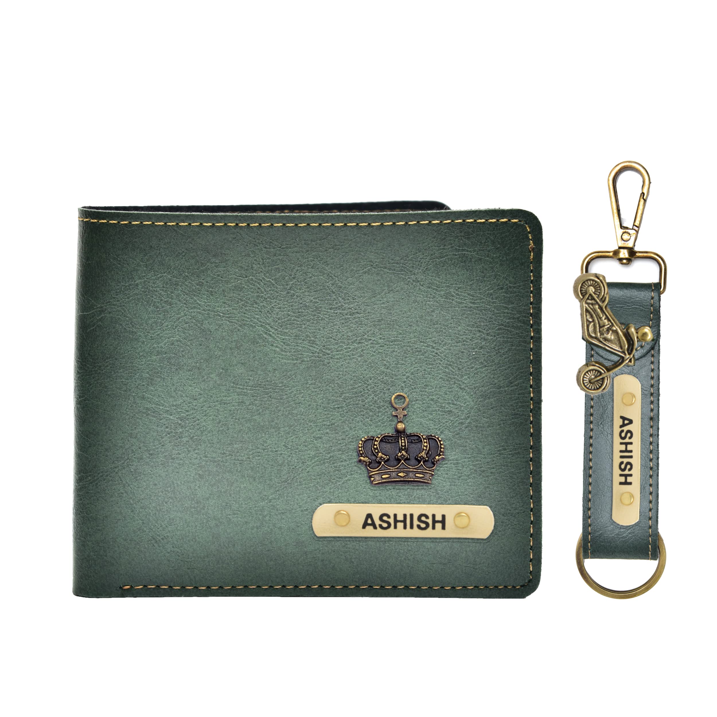 YOUR GIFT STUDIO Leather Customized All in One Men's Combo Gift (2 pcs) Leather Wallet and Key Chain -Green