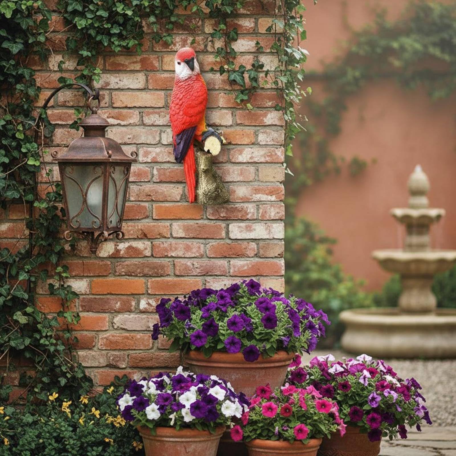 Scultura Pappagallo da Esterno Statua Pappagallo Ornamento Uccello Decorazione Giardino Resina Texture Scolpite a Mano E Stile Esotico Installazione, Blu, Su Ceppo