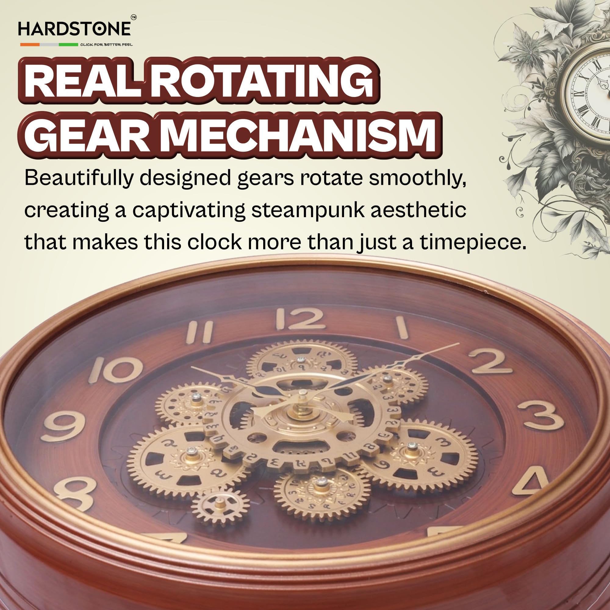 HARDSTONE 16-Inch Moving Gear Wall Clock with Real Rotating Gears, Elegant Wooden Look Finish, Brown, Vintage Decor for Living Room & Office, Battery Operated Large Display 4