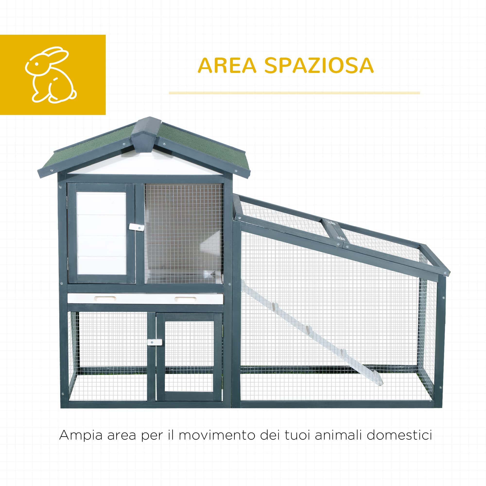 PawHut Gabbia per Conigli Animali in Lengo di Abete Doppia Porta 140 x 65 x 100cm Verde e Bianco