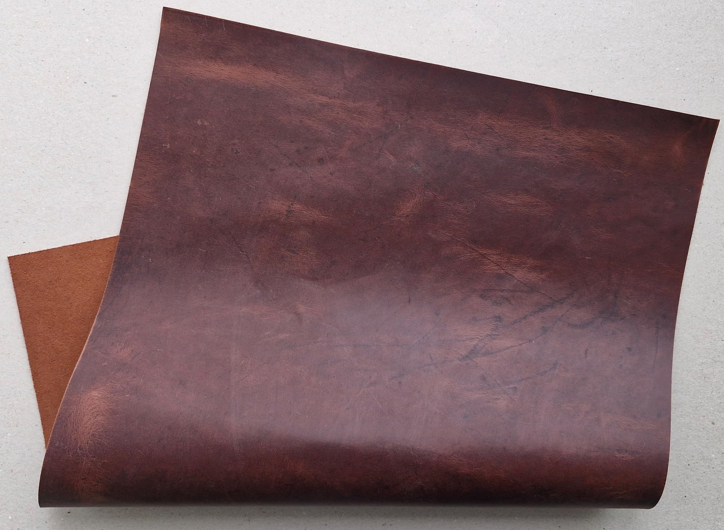 Cuir de vachette - 1,7 mm d'épaisseur - Pull-Up Crazy Horse - Feuilles en cuir véritable pour travaux manuels (3, cognac marron, A4 (210 x 297 mm)