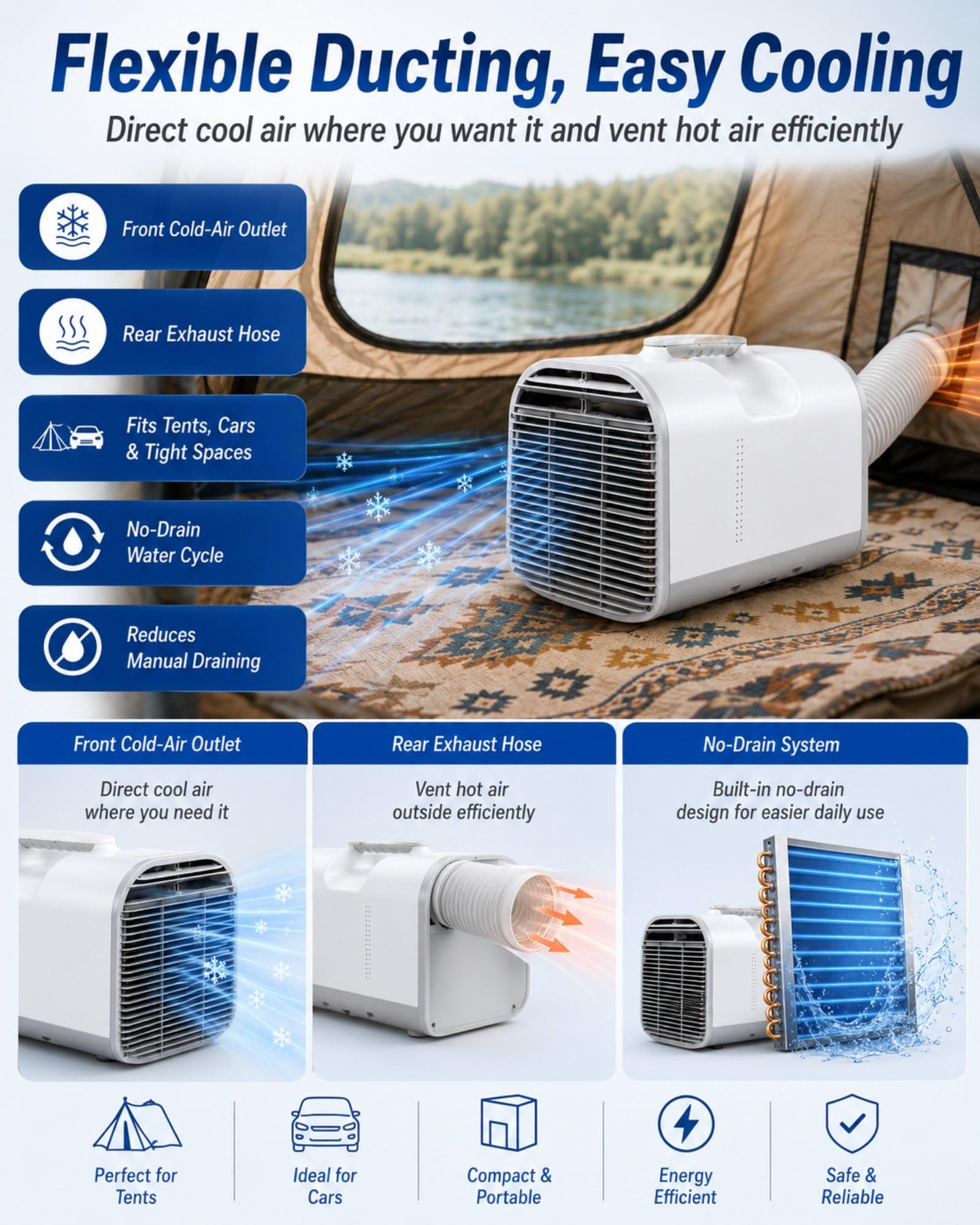 Climatizador con Tubo de Evacuación 1400W/5000BTU | Potencia Nominal 600W, Panel Táctil para Tiendas, Autocaravanas, Caravanas, Oficinas