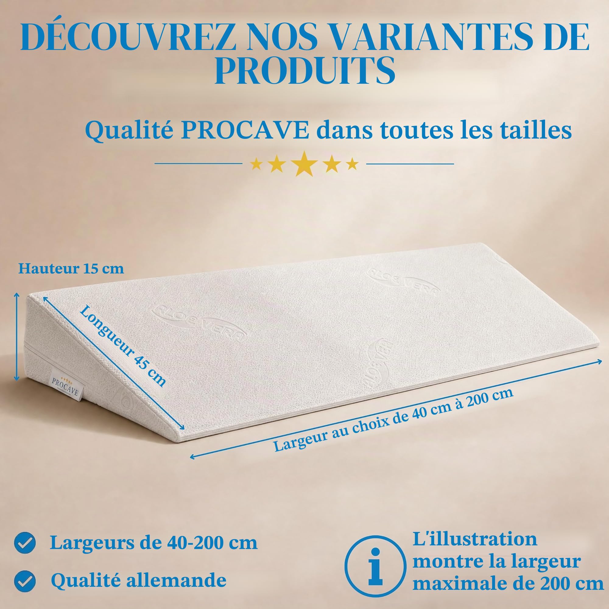 PROCAVE Cale de lit | Coussin en Mousse en Forme de cale | Réhausseur de Matelas Respirant | Fabriqué en Allemagne | Housse Double en Tissu Aloevera | 140 cm x 45 cm x 15/1 cm
